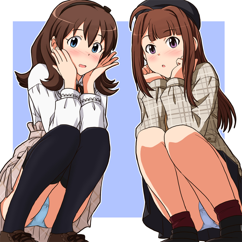 2girls :o ahoge beret black_hairband black_hat black_ribbon black_skirt black_socks black_thighhighs blue_background blue_eyes blue_panties blush brown_footwear brown_hair collared_shirt commentary_request commission crotch_seam dress_shirt grey_shirt grey_skirt hairband hands_on_own_face hat high-waist_skirt idolmaster idolmaster_million_live! lielos loafers long_hair medium_hair miniskirt multiple_girls neck_ribbon open_mouth outline panties pantyshot partial_commentary pixiv_commission plaid plaid_shirt plaid_skirt pleated_skirt purple_eyes ribbon satake_minako shirt shoes skirt smile socks squatting thighhighs underwear white_outline white_shirt yokoyama_nao