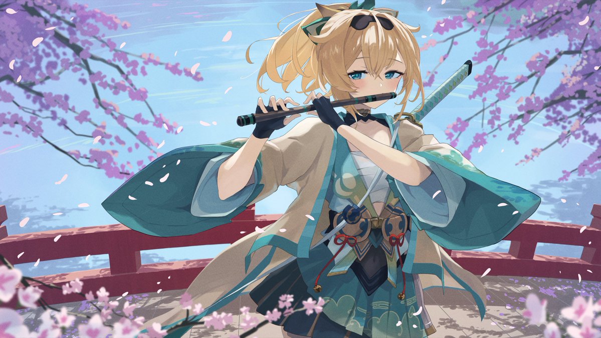 1girl blonde_hair bridge cherry_blossoms chest_sarashi covered_navel fingerless_gloves flute gloves green_skirt haori hololive instrument japanese_clothes kazama_iroha kazama_iroha_(1st_costume) long_(haruki-7) petals playing_flute ponytail sarashi skirt virtual_youtuber wide_sleeves wind