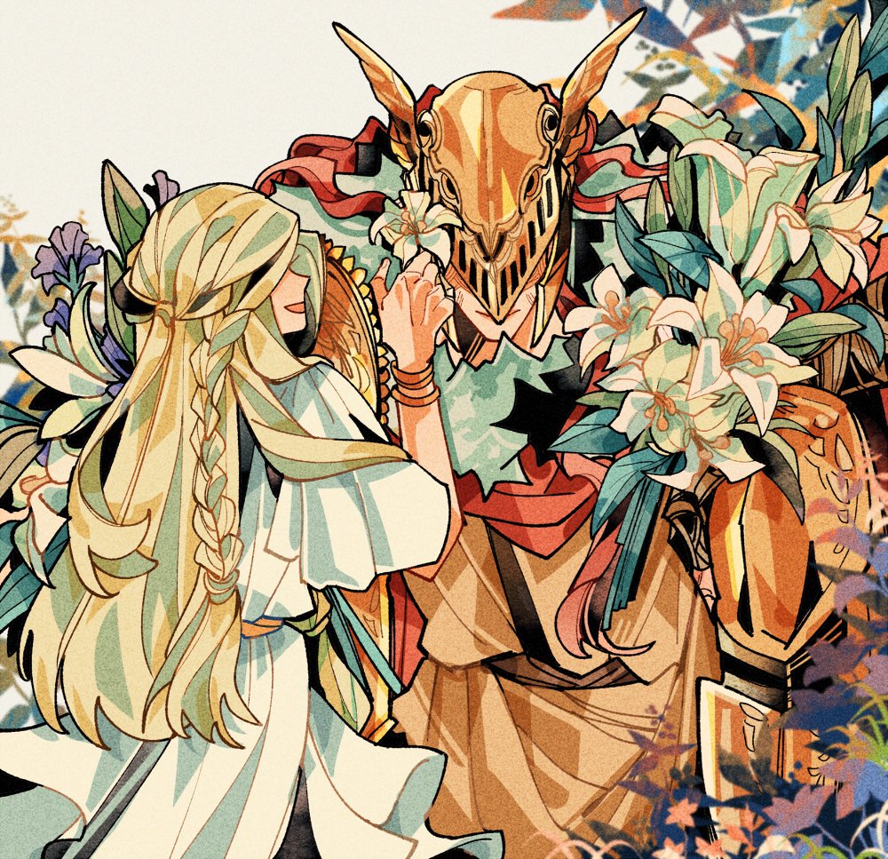1girl armor blonde_hair braid brother_and_sister cape closed_mouth covered_eyes drenched-in-sunlight dress elden_ring flower helmet holding long_hair malenia_blade_of_miquella mechanical_arms miquella_(elden_ring) open_mouth otoko_no_ko prosthesis prosthetic_arm red_cape red_hair siblings single_mechanical_arm smile twins very_long_hair winged_helmet