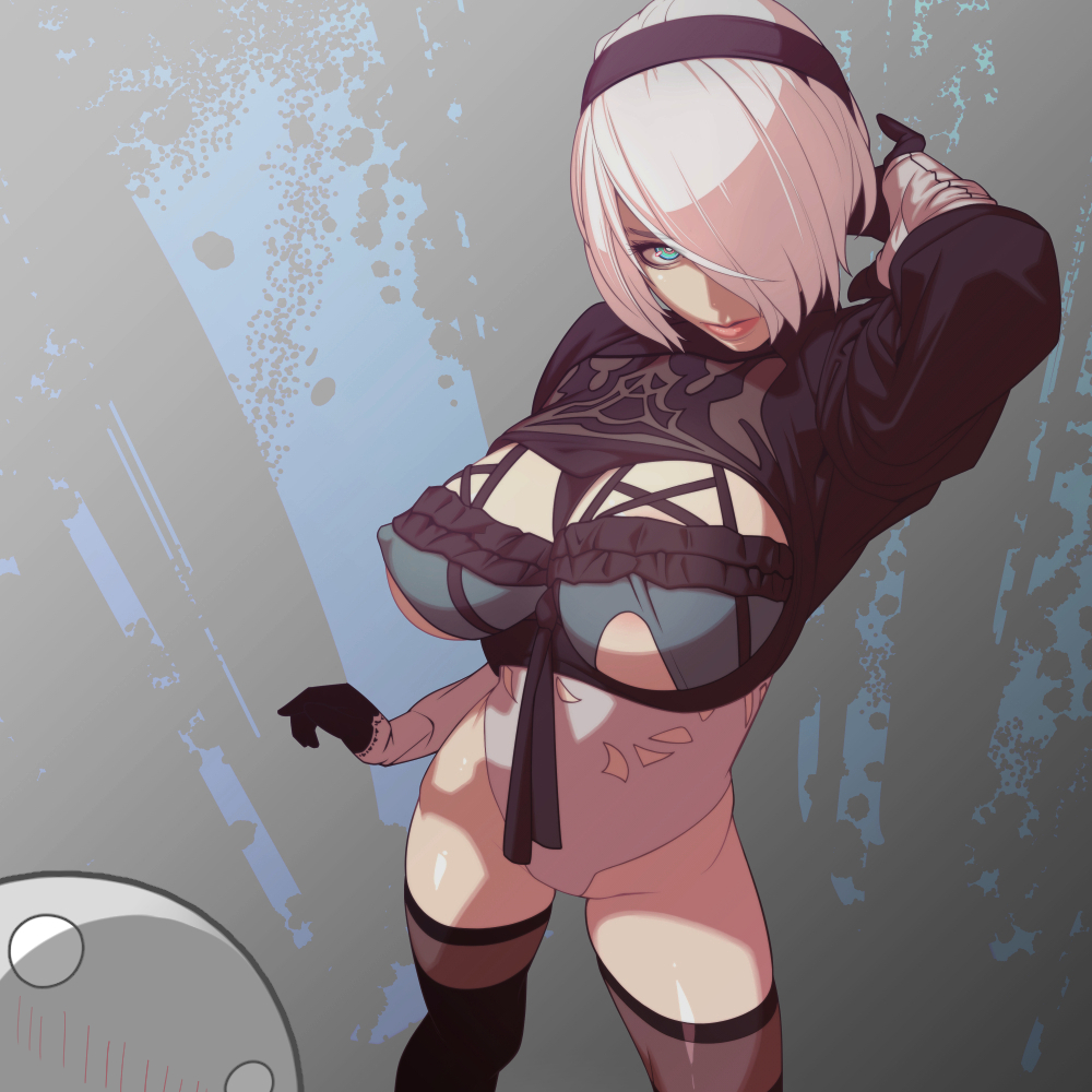 1girl 2b_(nier:automata) arm_behind_head black_hairband black_thighhighs blue_eyes breast_cutout breasts cosplay fusion gloves hair_over_one_eye hairband kaine_(nier) kaine_(nier)_(cosplay) large_breasts leotard looking_at_viewer machine_(nier) nier:automata nier_(series) puffy_sleeves short_hair thighhighs tomoyuki_kotani white_hair