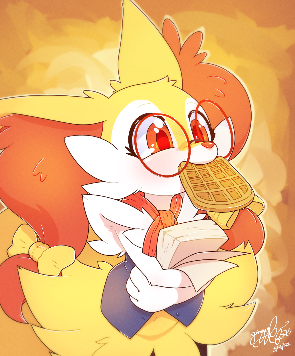 braixen clothing eyewear food gingy_k_fox glasses hi_res nintendo paper penny_(mysticwaffle032) pok&eacute;mon pok&eacute;mon_(species) ribbons scarf topwear vest video_games waffle