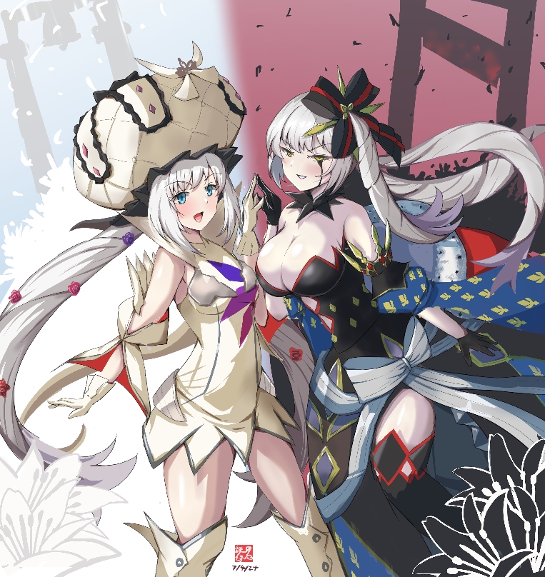 2girls bare_shoulders black_dress black_gloves black_thighhighs blue_eyes blush boots breasts cleavage cloak detached_collar dress fate/grand_order fate_(series) fur-trimmed_cloak fur_trim gloves hair_ornament half_gloves iron_samurai large_breasts large_hat long_hair looking_at_viewer marie_antoinette_(alter)_(fate) marie_antoinette_(alter)_(third_ascension)_(fate) marie_antoinette_(fate) medium_breasts multiple_girls off_shoulder open_mouth red_cloak short_dress side_ponytail sidelocks sleeveless sleeveless_dress smile thigh_boots thighhighs thighs twintails very_long_hair white_dress white_footwear white_gloves white_hair white_hat yellow_eyes