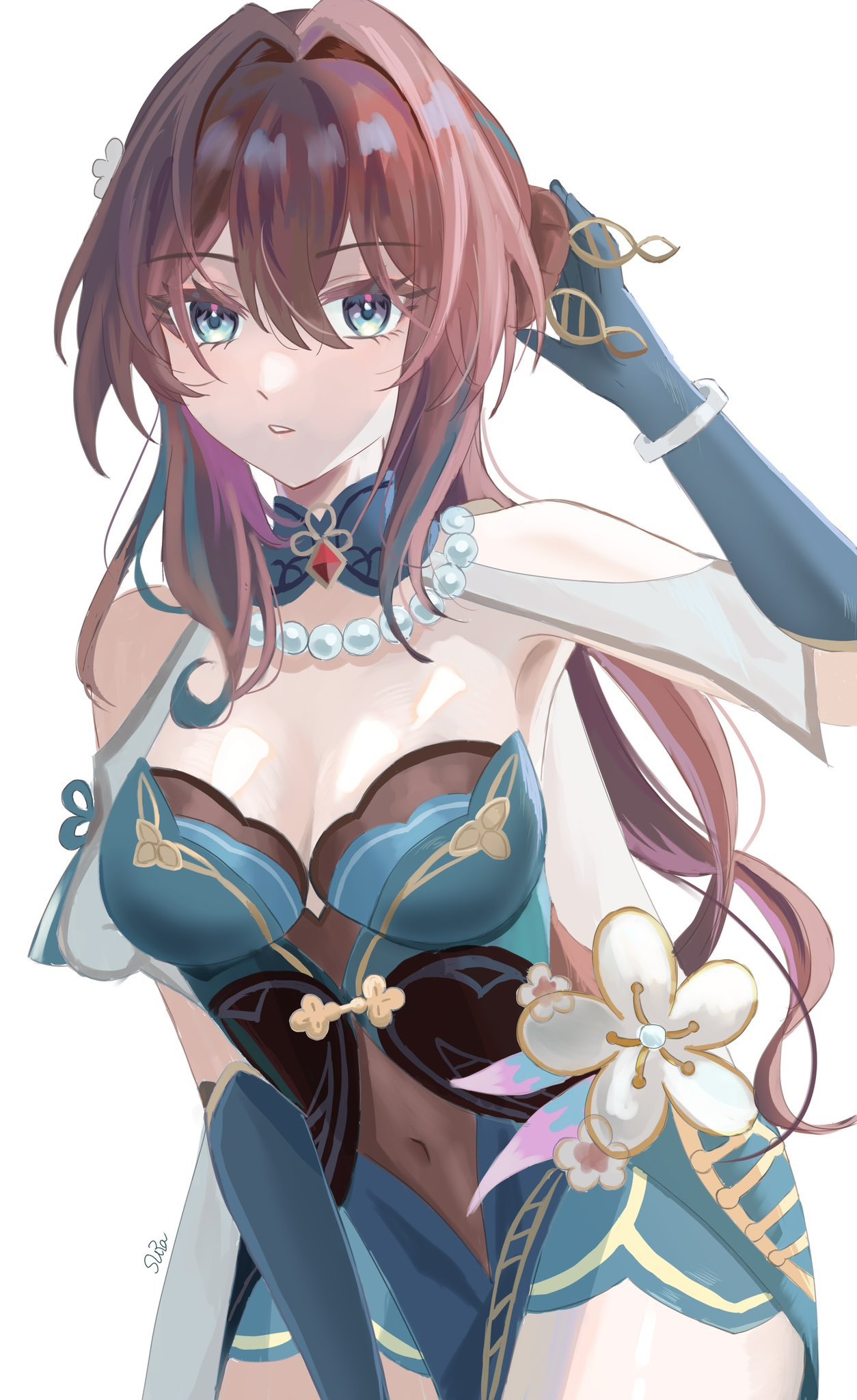 1girl aqua_dress arm_up bead_necklace beads blue_eyes breasts brown_hair cleavage commentary covered_navel cowboy_shot dress hair_intakes highres honkai:_star_rail honkai_(series) jewelry large_breasts looking_at_viewer necklace parted_lips ruan_mei_(honkai:_star_rail) simple_background solo standing strapless strapless_dress sura_(sra_975) white_background