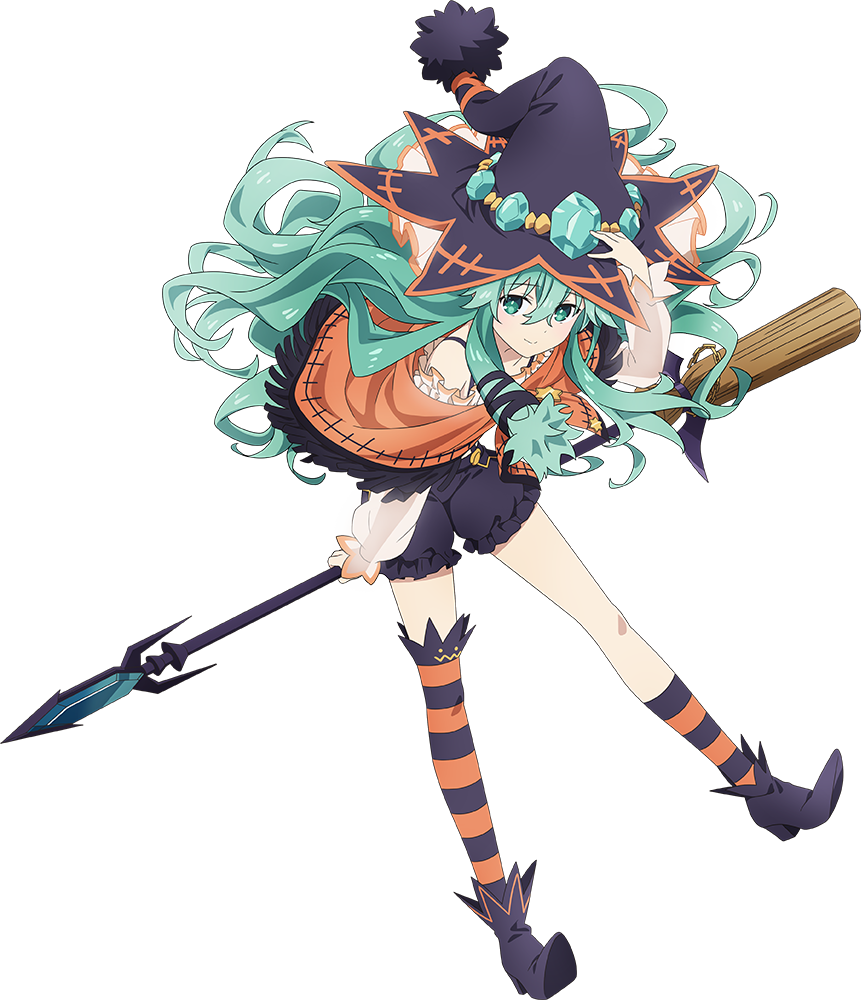 1girl asymmetrical_legwear black_shorts broom broom_riding date_a_live full_body gem green_eyes green_gemstone green_hair hat high_heels holding holding_clothes holding_hat long_hair long_sleeves natsumi_(date_a_live) official_art puffy_sleeves shorts smile socks solo striped_clothes striped_socks tachi-e transparent_background uneven_legwear witch_hat