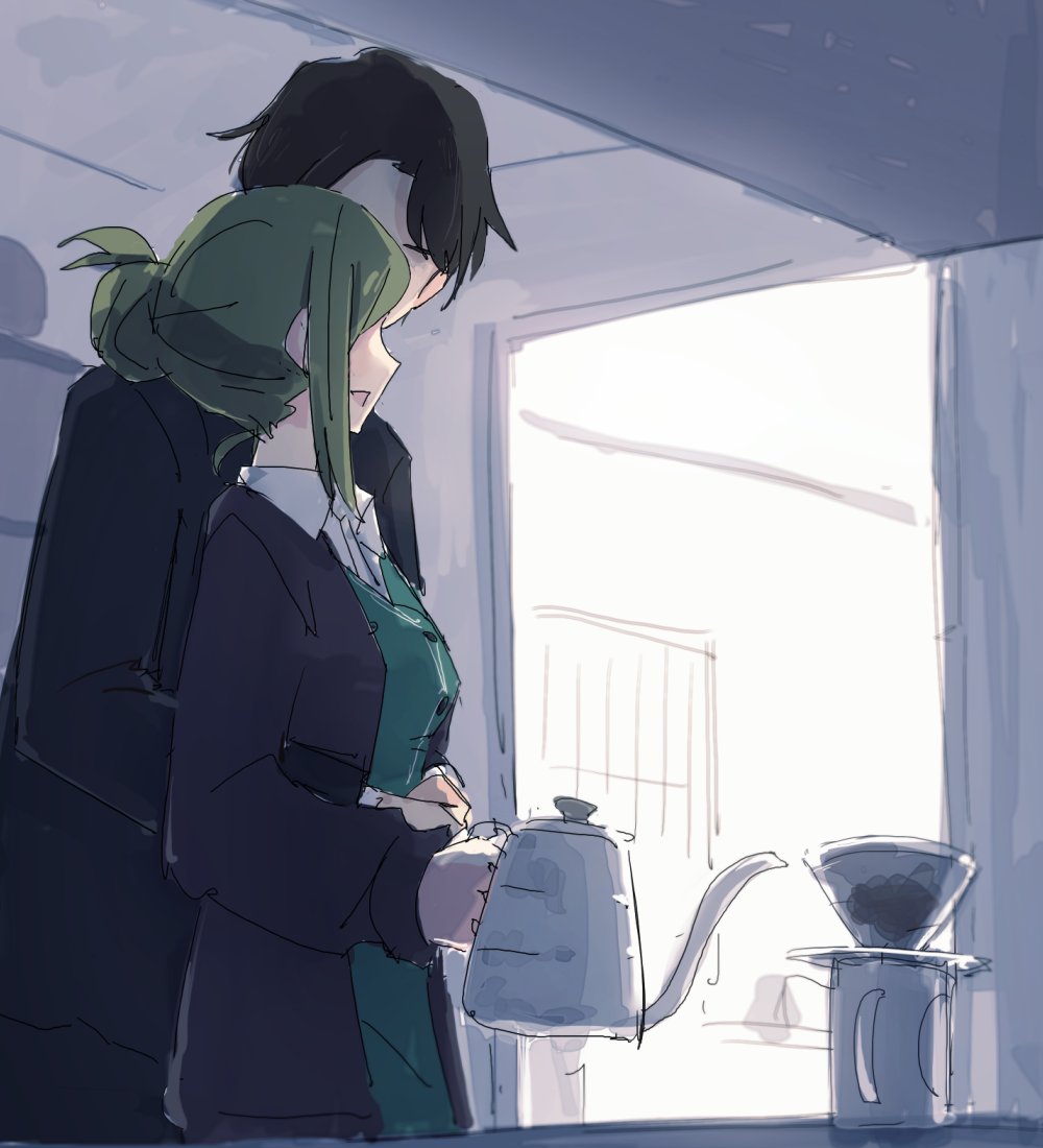 1boy 1girl black_cardigan black_hair black_jacket breasts cardigan coffee_filter coffee_pot green_hair hetero holding_coffee_pot hug hug_from_behind idolmaster idolmaster_shiny_colors indoors jacket medium_breasts nanakusa_hazuki office_lady producer_(idolmaster) shiroshi_(denpa_eshidan)