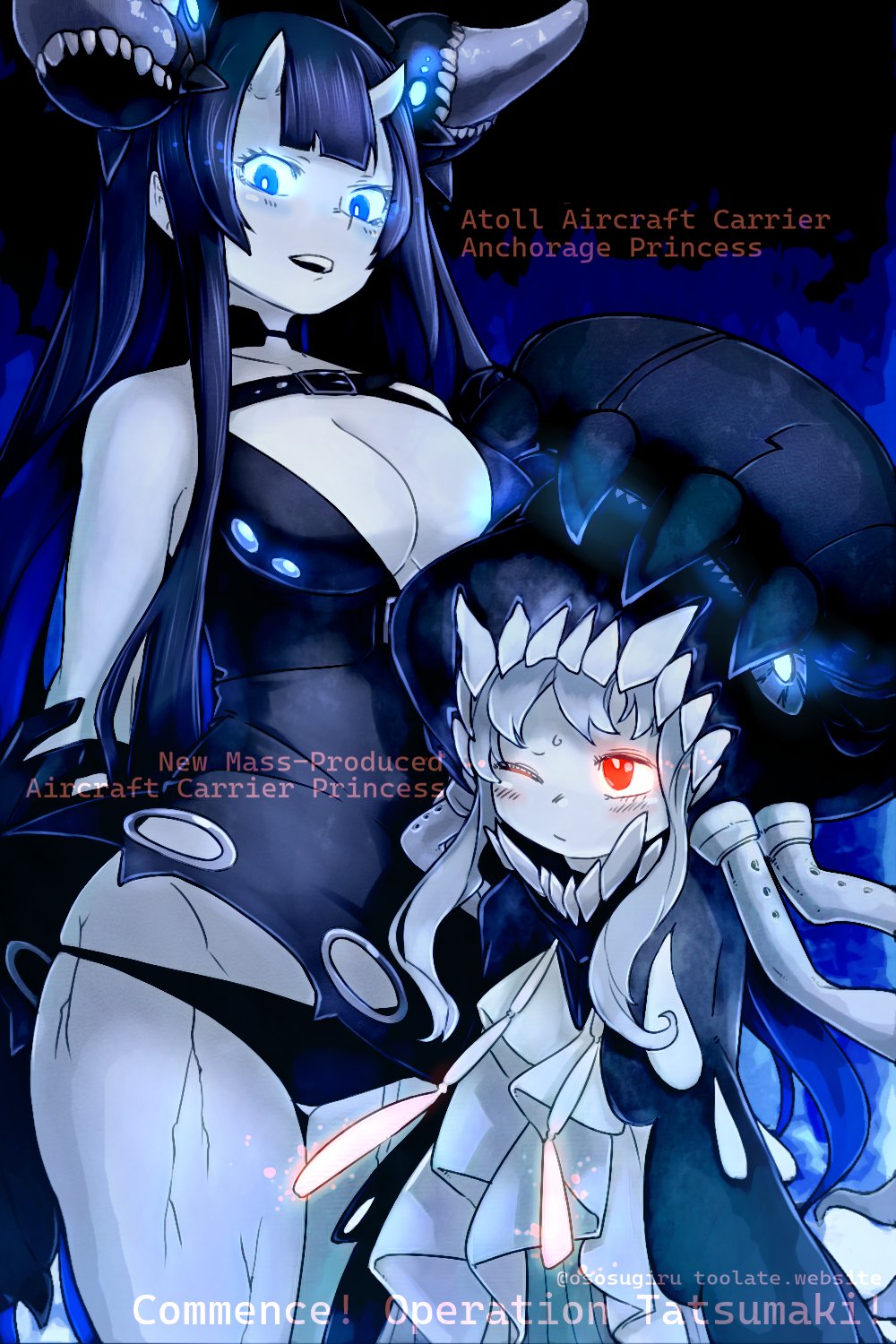 2girls abyssal_ship atoll_aircraft_carrier_anchorage_princess black_dress black_hair black_hat blue_eyes blue_hair blush breasts character_name cleavage closed_mouth colored_skin cracked_skin dress english_text glowing glowing_eyes grey_hair grey_skirt hat highres horns kantai_collection large_breasts long_hair looking_at_viewer multiple_girls new_mass-produced_aircraft_carrier_princess one_eye_closed open_mouth oso_(toolate) panties red_eyes simple_background skirt sweat tentacles tongue underwear very_long_hair