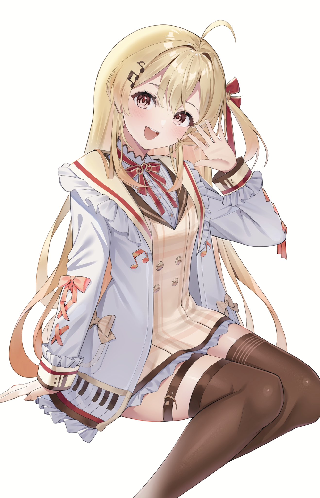 1girl :d ahoge blonde_hair blush brown_dress brown_thighhighs commentary double-parted_bangs dress feet_out_of_frame frilled_dress frilled_jacket frills hair_between_eyes hair_ornament hair_ribbon highres hololive hololive_dev_is jacket legs_together long_hair looking_at_viewer musical_note musical_note_hair_ornament neck_ribbon one_side_up open_clothes open_jacket open_mouth otonose_kanade piano_keys piano_print plaid plaid_dress red_eyes red_ribbon ribbon rykysd sailor_collar short_dress simple_background sitting smile solo teeth thigh_strap thighhighs upper_teeth_only virtual_youtuber waving white_background white_jacket
