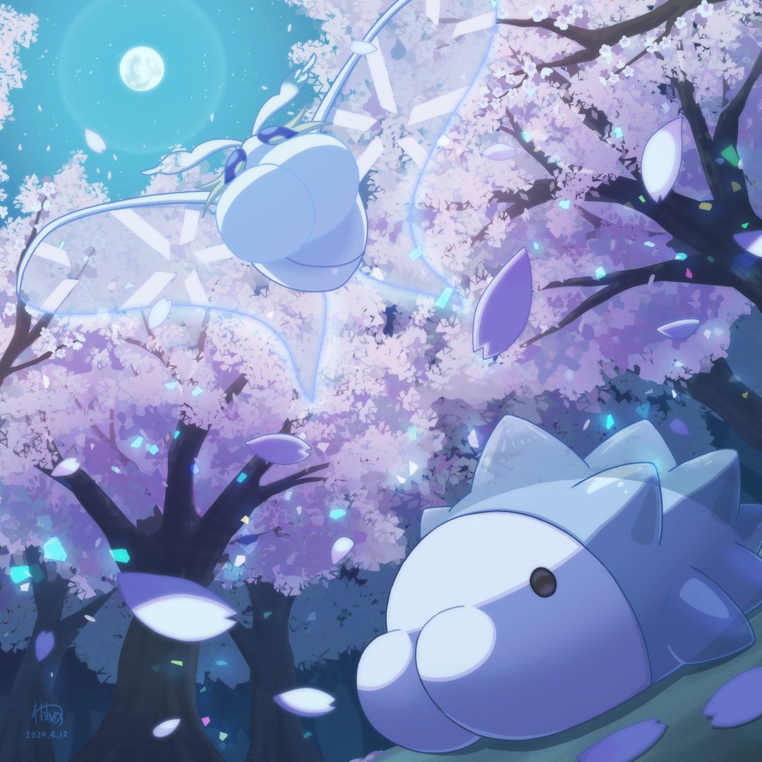 bug cherry_blossoms colored_skin dated evolutionary_line frosmoth full_moon moon moonlight moth nature night no_humans outdoors petals pokemon pokemon_(creature) signature snom transparent_wings tree wataame4907 white_skin