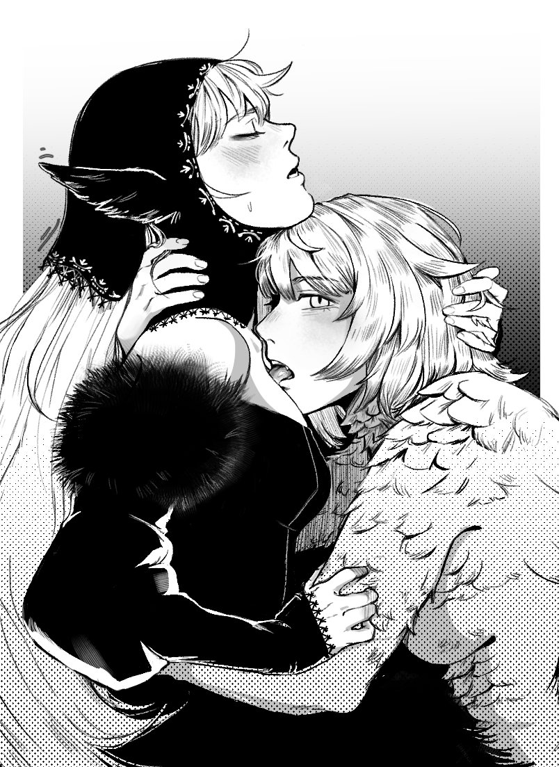 2girls artist_request bare_shoulders black_dress blush body_fur breasts chimera closed_eyes detached_sleeves dress dungeon_meshi ear_covers elf falin_touden falin_touden_(chimera) feathered_wings feathers long_hair looking_at_viewer marcille_donato marcille_donato_(lord) monochrome monster_girl multiple_girls official_alternate_costume pointy_ears short_hair simple_background wings yuri