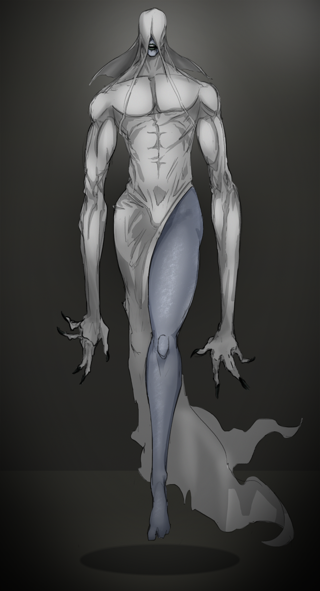 black_lips blue_body blue_skin bulge claws floating furcifur ghost hi_res horror_(theme) humanoid larger_male lips long_arms male muscular muscular_male not_furry pale_skin size_difference solo spirit white_sheets wraith