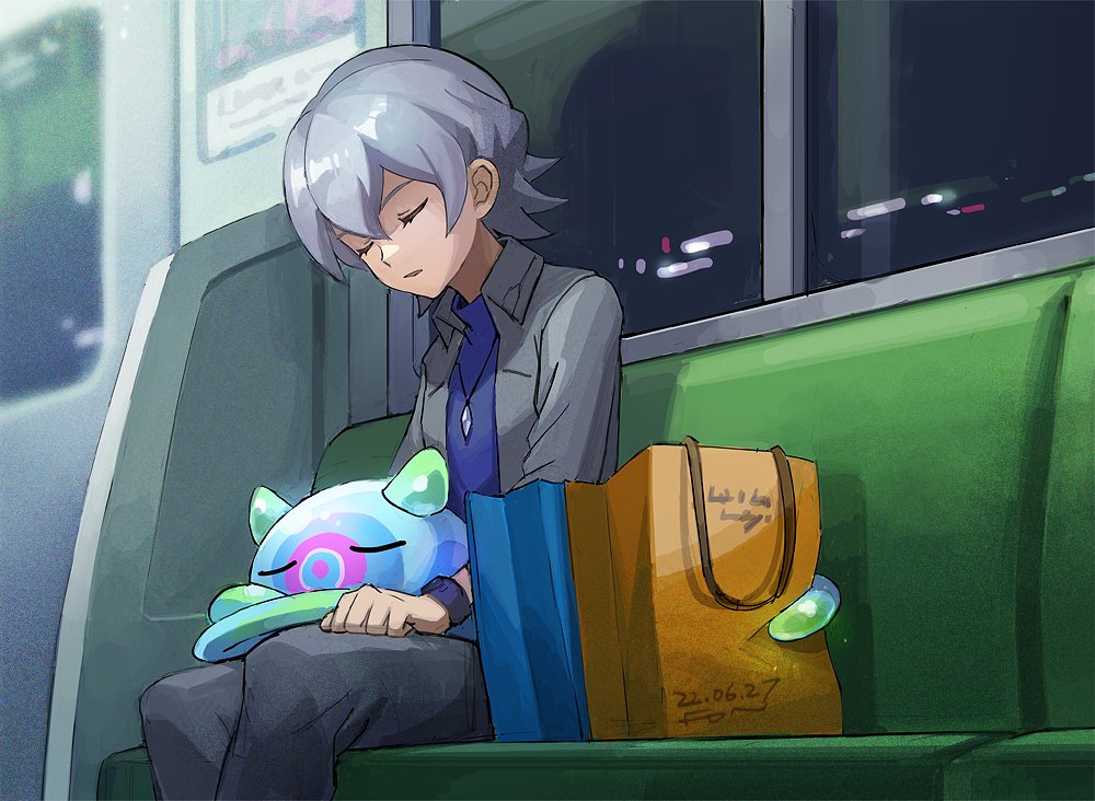 1boy bag blue_shirt bus_interior closed_eyes closed_mouth dated digimon digimon_(creature) digimon_ghost_game feet_out_of_frame fon-due_(fonfon) grey_hair grey_jacket grey_pants higashimitarai_kiyoshiro jacket jellymon jewelry male_focus necklace night pants shirt shopping_bag signature sleeping sleeping_upright window