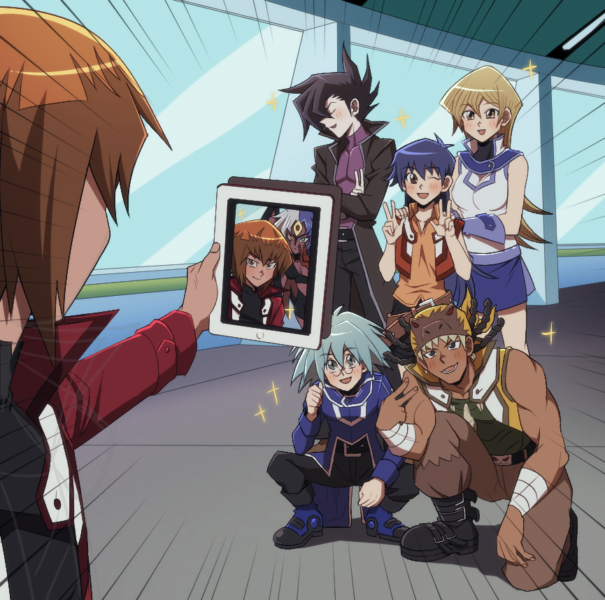 2girls 4boys blue_hair blurry blush brown_hair depth_of_field duel_academy_uniform_(yu-gi-oh!_gx) glasses group_picture hair_between_eyes holding holding_tablet_pc long_hair long_sleeves manjoume_jun marufuji_sho meme multicolored_hair multiple_boys multiple_girls narcissism open_mouth p5naq_pv saotome_rei selfie selfie_prank_(meme) short_hair smile sparkle tablet_pc taking_picture tenjouin_asuka two-tone_hair tyranno_kenzan v you're_doing_it_wrong yu-gi-oh! yu-gi-oh!_gx yubel yuki_judai