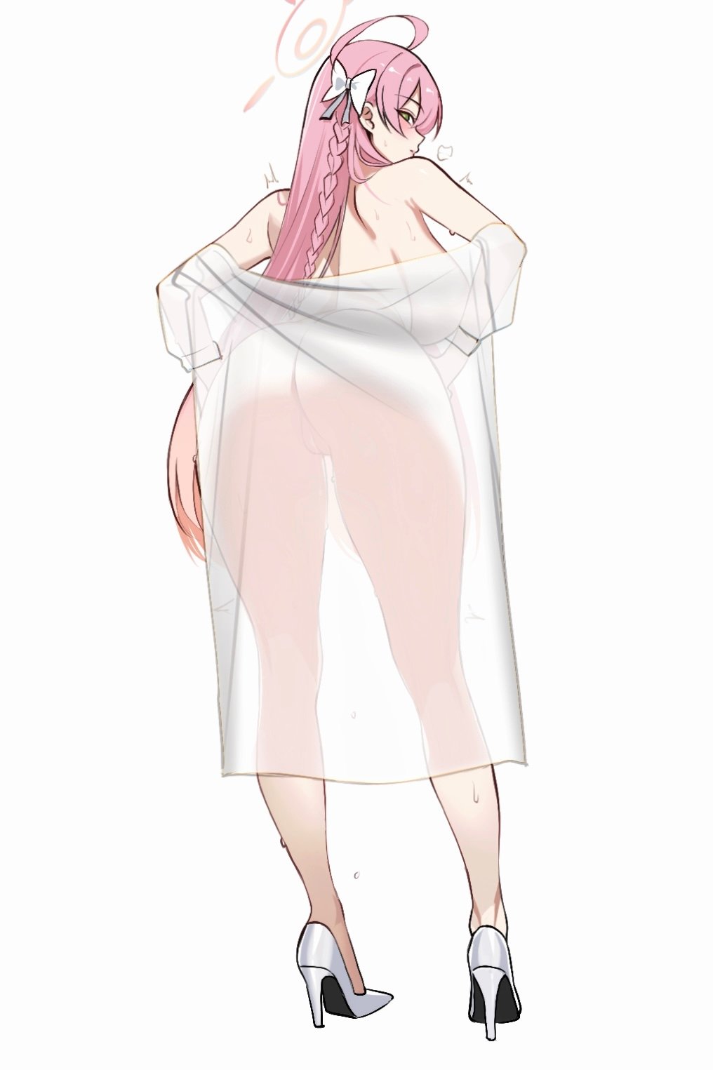 1girl ahoge ass ass_focus ateoyh back blue_archive blush bow braid breasts from_behind green_eyes hair_bow halo hanako_(blue_archive) high_heels highres large_breasts long_hair looking_back pink_hair pink_halo pussy see-through see-through_sleeves simple_background solo thighs white_background