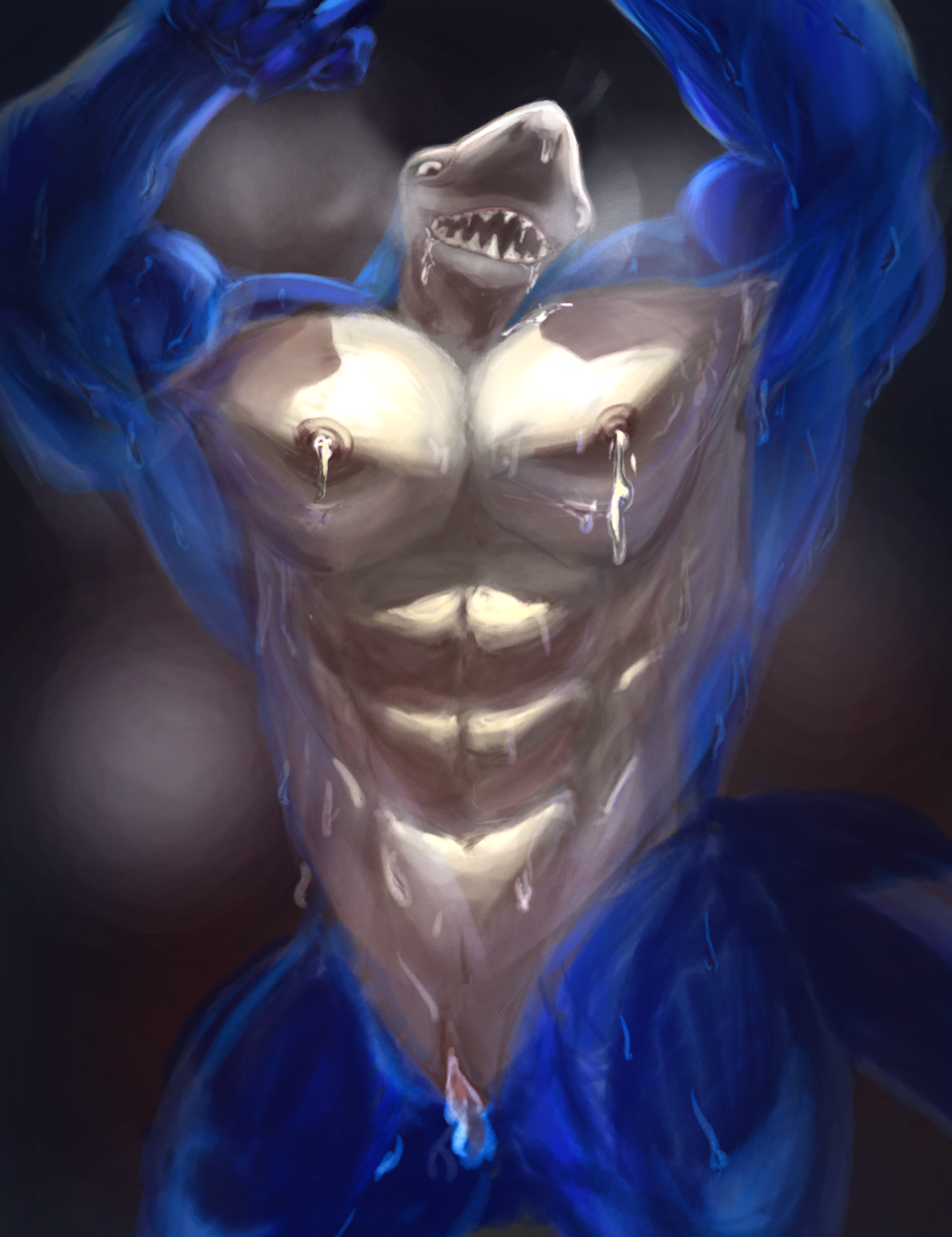 abs anthro biceps big_biceps big_muscles big_pecs blue_body bodily_fluids drakei fish genital_fluids hi_res huge_muscles huge_pecs lactating looking_at_viewer male marine muscular muscular_male pecs precum saliva shark shark_teeth sharp_teeth simple_background solo steamy_breath sweat teeth