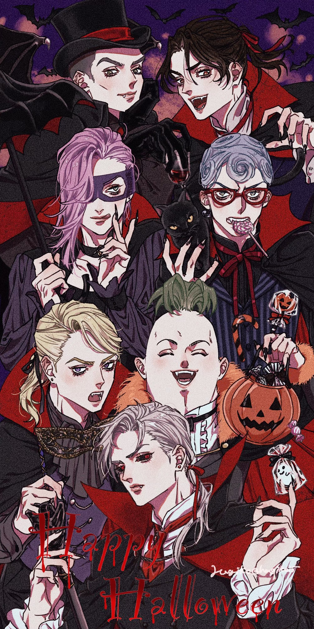 6+boys :q animal_on_shoulder artist_name ascot black_cape black_nails black_sclera blonde_hair blue_hair candy cape cat colored_sclera eye_mask eyelashes fangs fingernails food formaggio fur_trim ghiaccio green_hair hagiko15 hair_over_one_eye halloween_bucket happy_halloween hat high_collar highres holding holding_umbrella illuso jojo_no_kimyou_na_bouken lollipop long_fingernails long_hair long_sleeves male_focus mask masquerade_mask melone multiple_boys neck_ribbon pesci pink_hair prosciutto red-framed_eyewear red_eyes red_ribbon ribbon risotto_nero shaved_head swirl_lollipop tongue tongue_out top_hat twitter_username umbrella vampire vampire_costume vento_aureo