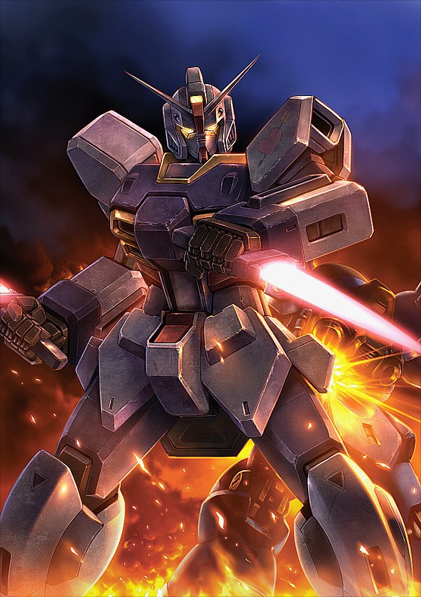 arrow_through_heart beam_dagger commentary_request dagger dual_wielding embers feet_out_of_frame fire glowing glowing_eyes gundam gundam_pixy holding holding_dagger holding_knife holding_weapon knife korean_commentary legs_apart looking_at_viewer mecha mecha_focus mobile_suit mobile_suit_gundam:_cross_dimension_0079 no_humans robot science_fiction smoke solo_focus standing taedu v-fin weapon yellow_eyes