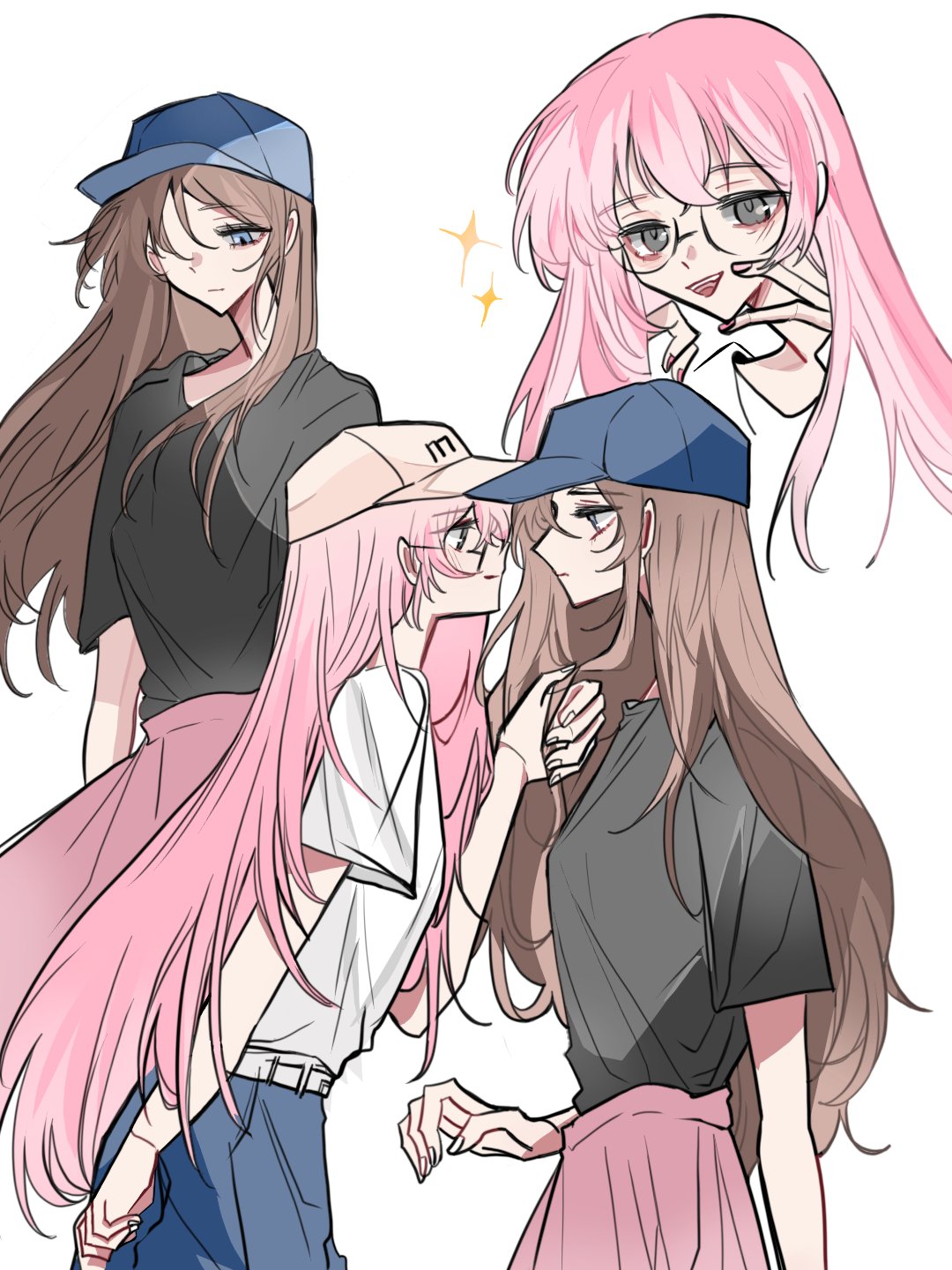 2girls 4711_(xx) bang_dream! bang_dream!_it's_mygo!!!!! baseball_cap black_shirt blue_eyes blue_hat blue_skirt breasts brown_hair chihaya_anon closed_mouth commentary eye_contact glasses grey_eyes hashtag-only_commentary hat highres long_hair looking_at_another multiple_girls nagasaki_soyo nail_polish open_mouth pink_hair pink_nails pink_skirt shirt shirt_tucked_in short_sleeves simple_background skirt small_breasts sparkle teeth upper_teeth_only white_background white_hat white_shirt yuri