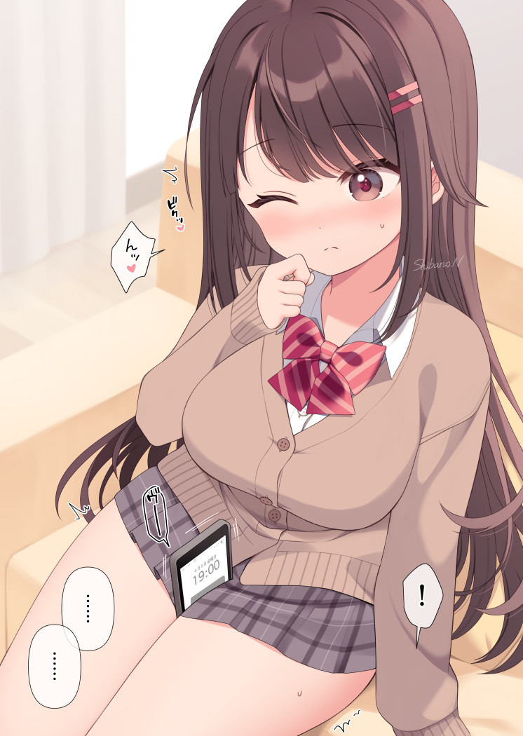 ! 1girl ^^^ artist_name blush bow bowtie breasts brown_cardigan brown_hair cardigan cellphone closed_mouth fang grey_eyes hair_ornament hairclip hand_to_own_mouth large_breasts long_hair looking_at_viewer mao-chan_(uramakaron) nose_blush notice_lines one_eye_closed original paid_reward_available phone plaid plaid_skirt red_bow red_bowtie red_pupils shirt simple_background sitting skin_fang skirt solo spoken_exclamation_mark sweatdrop thighs translation_request uniform uramakaron white_shirt