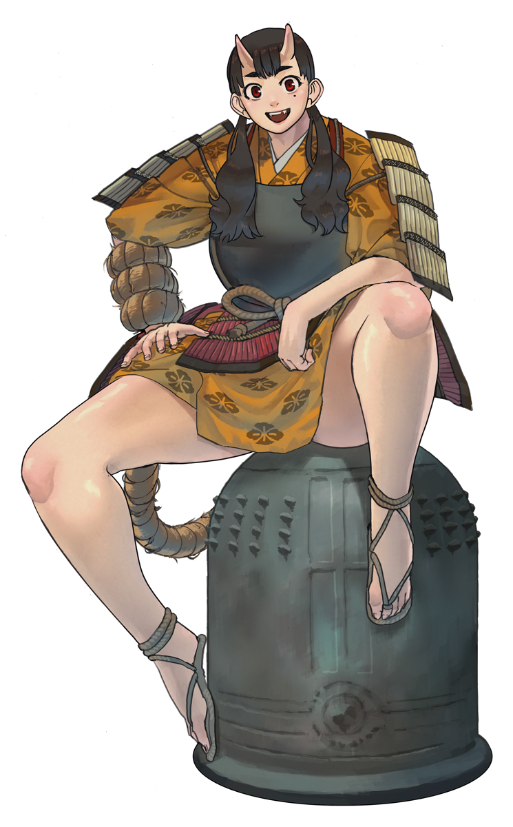 1girl arm_wrap armor bell chipped_tooth commentary dungeon_meshi english_commentary full_body highres horns inutade japanese_armor japanese_clothes kimono knee_up long_hair looking_at_viewer low_twintails oni open_mouth parody print_kimono red_eyes rope sakamoto_kengo sekiro:_shadows_die_twice short_kimono shoulder_armor simple_background sitting smile sode solo taro_trooper teeth thick_thighs thighs twintails upper_teeth_only waraji white_background yellow_kimono