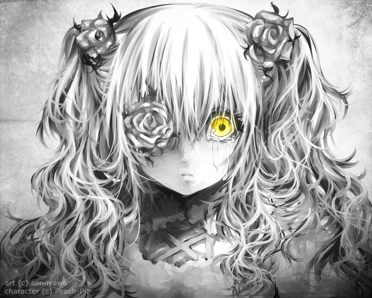 1girl closed_mouth commentary crying crying_with_eyes_open english_commentary expressionless flower flower_over_eye frilled_shirt frills greyscale hair_between_eyes hair_flower hair_ornament kirakishou long_bangs long_hair looking_at_viewer monochrome rose rozen_maiden shirt solo sonnyaws spot_color tears upper_body wavy_hair yellow_eyes