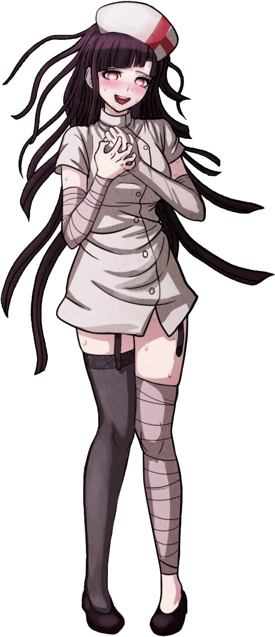 1girl :o alternate_costume alternate_hairstyle bandaged_leg bandages black_hair blunt_bangs chomaeki danganronpa_(series) danganronpa_3_(anime) dress hat highres long_hair looking_at_viewer mole mole_under_eye nurse nurse_cap official_alternate_costume official_alternate_hairstyle solo teeth tsumiki_mikan white_dress