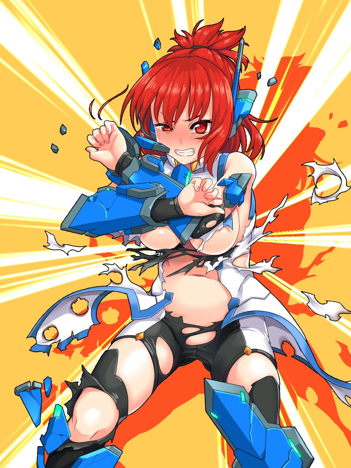 1girl ai_yori_akashi armor blue_armor blush breasts cosmic_break cosmic_break_2 crying crying_with_eyes_open defeat highres large_breasts leg_armor looking_at_viewer mecha_musume medium_hair navel red_eyes red_hair rikka_(cosmic_break_2) tears teeth thighhighs torn_clothes x_arms