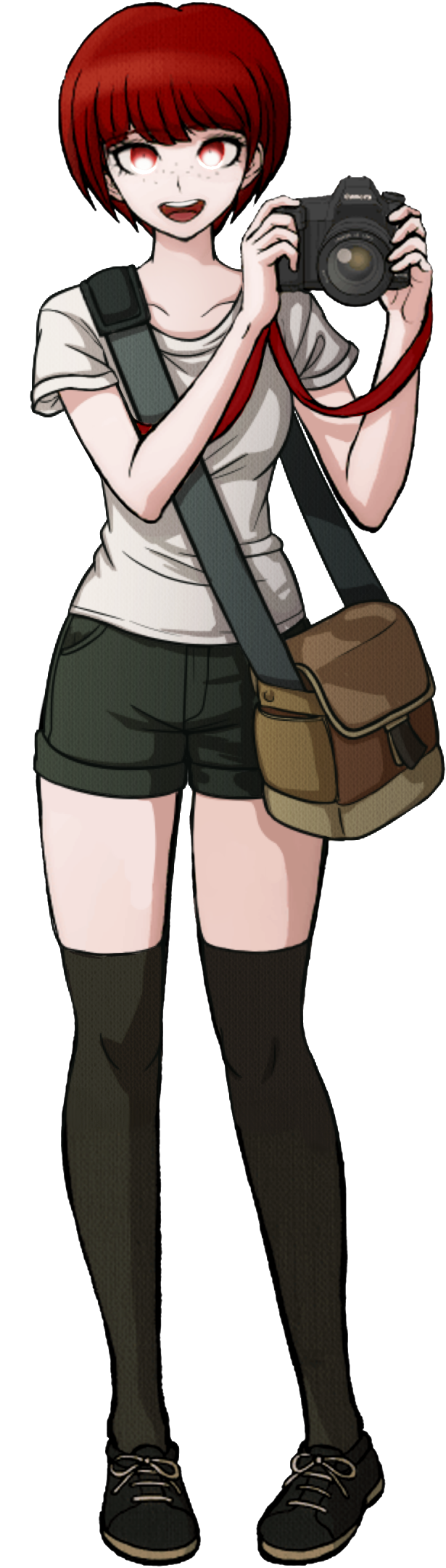 1girl :d alternate_costume alternate_hairstyle bag black_footwear black_pantyhose camera chomaeki danganronpa_(series) danganronpa_2:_goodbye_despair danganronpa_3_(anime) dslr freckles highres holding holding_camera koizumi_mahiru official_alternate_costume official_alternate_hairstyle pantyhose red_hair shirt shoes shoulder_bag smile solo white_shirt