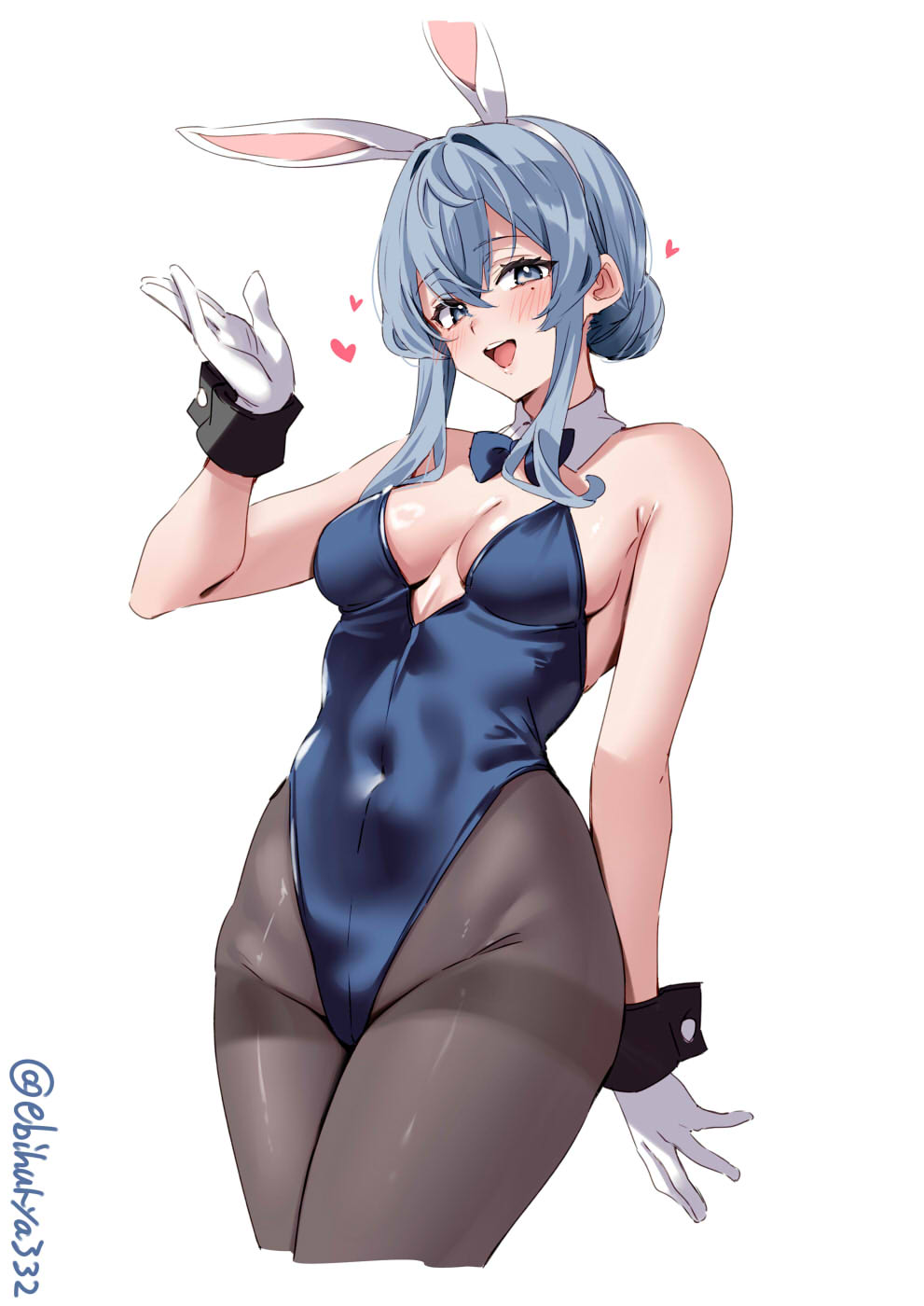 1girl :d animal_ears bare_shoulders blue_bow blue_bowtie blue_eyes blue_hair blue_leotard blush bow bowtie breasts brown_pantyhose collar commentary_request covered_navel detached_collar ebifurya fake_animal_ears gloves gotland_(kancolle) groin hair_between_eyes hairband hand_up heart highres kantai_collection leotard long_hair looking_at_viewer medium_breasts mole mole_under_eye one-hour_drawing_challenge pantyhose playboy_bunny rabbit_ears simple_background smile solo strapless strapless_leotard teeth thighband_pantyhose twitter_username upper_teeth_only white_background white_collar white_gloves white_hairband