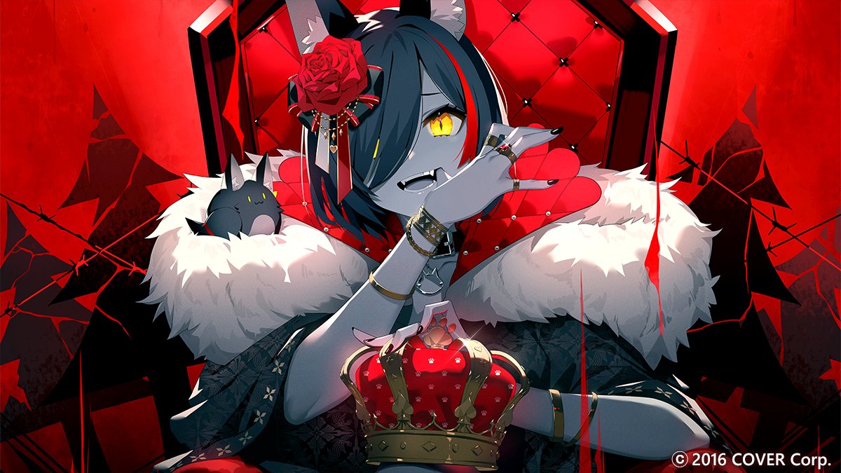 1girl animal_ear_fluff animal_ears black_collar black_hair black_jacket black_nails collar fangs flower fur-trimmed_jacket fur_trim gold_bracelet hair_flower hair_ornament hair_over_one_eye hololive ishihara_(kuniyoshi) jacket jewelry king_(vocaloid) looking_at_viewer medium_hair miofa_(ookami_mio) nail_polish ookami_mio open_mouth red_hair ring rose smile virtual_youtuber vocaloid wolf_ears wolf_girl