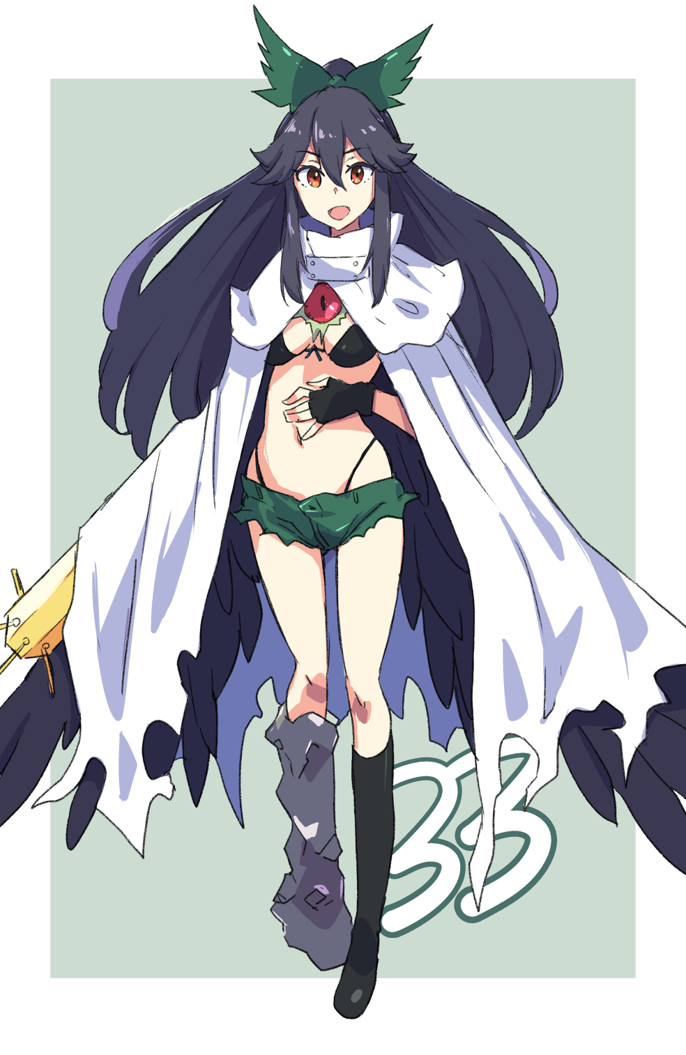 1girl adapted_costume arm_cannon bikini bikini_top_only bird_wings black_bikini black_footwear black_gloves black_hair black_socks black_wings bow breasts brown_eyes cape control_rod fingerless_gloves full_body gloves green_background green_bow green_shorts hair_between_eyes hair_bow highres jack_(wkm74959) long_bangs long_hair looking_at_viewer medium_breasts micro_shorts one-hour_drawing_challenge open_mouth reiuji_utsuho shoes shorts single_shoe smile socks solo swimsuit third_eye torn_cape torn_clothes touhou two-tone_background weapon white_background white_cape wings