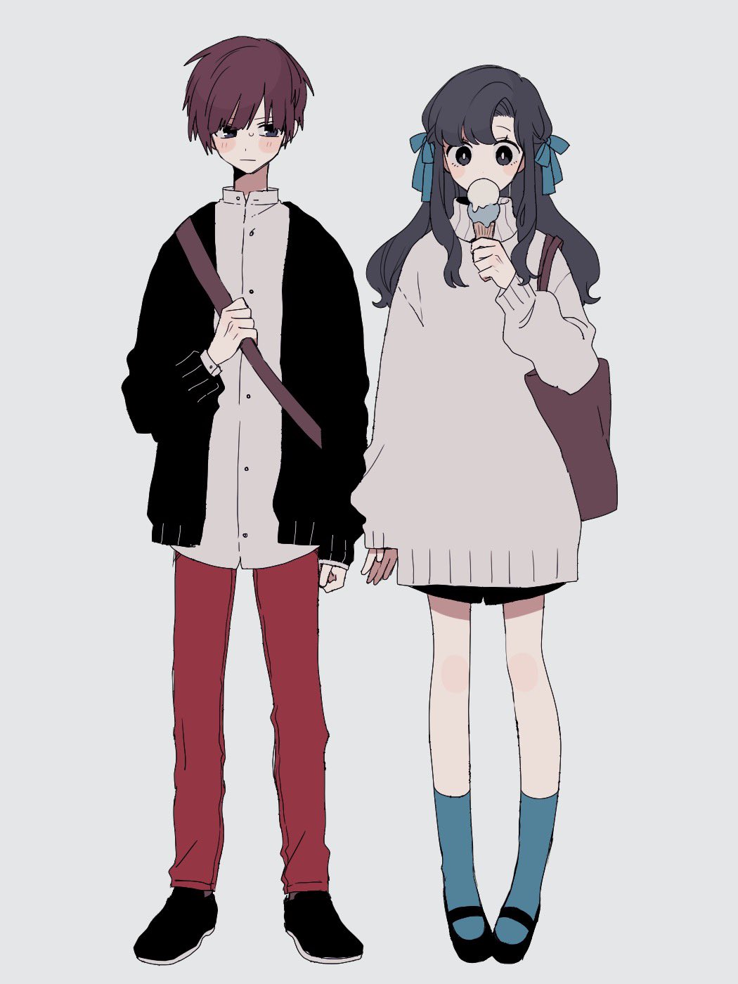 1boy 1girl bag black_eyes blush_stickers brown_hair cardigan food full_body hair_ribbon highres holding holding_food holding_strap ice_cream ice_cream_cone long_hair long_sleeves looking_at_another looking_to_the_side maco22 mary_janes original pants ribbon shoes short_hair shorts shoulder_bag socks