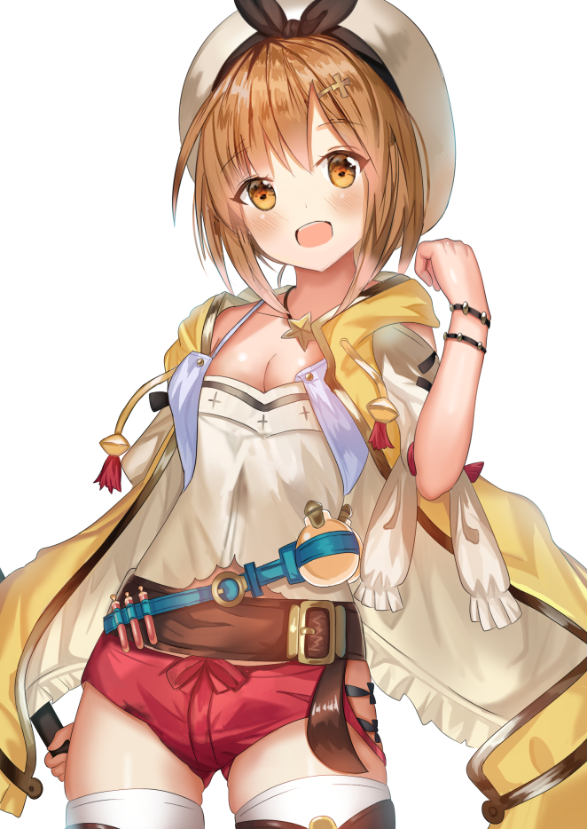 1girl ame_sagari atelier_(series) atelier_ryza atelier_ryza_1 belt belt_buckle black_bow black_bracelet blue_belt bow breasts brown_belt brown_hair buckle cleavage clenched_hand clothing_cutout commentary_request cowboy_shot cross_hat_ornament cross_print crossed_belts frilled_jacket frills hair_bow hair_ornament hairclip hand_up holding holding_weapon jacket jewelry light_blush long_sleeves looking_at_viewer necklace open_mouth potion red_bow red_shorts reisalin_stout shirt short_hair short_shorts shorts shoulder_cutout side_slit simple_background sleeveless sleeveless_jacket small_breasts smile solo star_(symbol) star_necklace tassel teeth thighhighs two-sided_fabric two-sided_jacket upper_teeth_only vial weapon white_background white_hat white_jacket white_shirt white_thighhighs yellow_eyes yellow_jacket