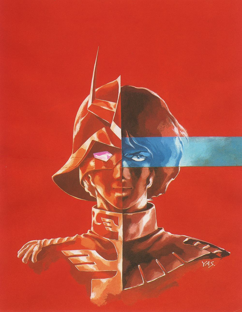 1970s_(style) 1boy char_aznable concept_art eye_mask gundam helmet highres looking_at_viewer military mobile_suit_gundam official_art painting_(medium) pilot_suit portrait production_art red_background retro_artstyle scan science_fiction serious signature spacesuit traditional_media uniform unworn_headwear unworn_helmet yasuhiko_yoshikazu zeon