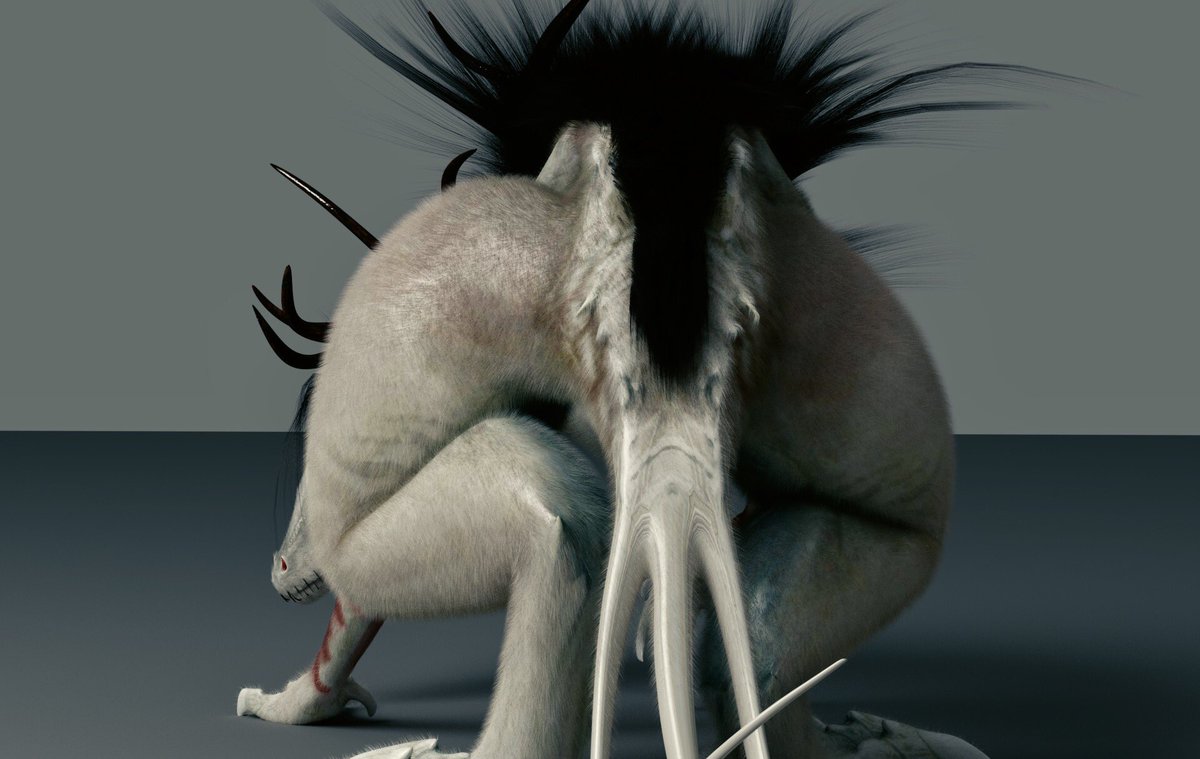 16:9 3d_(artwork) alien all_fours antlers august_few big_butt black_hair butt claws crawling digital_media_(artwork) failsafe272 female feral fur grey_body grey_fur hair horn kivouackian low-angle_view multi_tail satellite_city scar shadow simple_background stitch_(sewing) tail voluptuous_female wide_hips widescreen winifred_(fennah) wounded