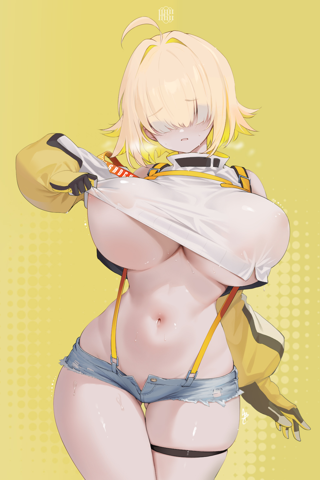 1girl abc_art ahoge areola_slip ass_visible_through_thighs blonde_hair blush breasts clothes_pull clothing_cutout colored_inner_hair contrapposto covered_nipples cowboy_shot crop_top cropped_jacket curvy cutoffs denim denim_shorts dithered_background elegg_(nikke) embarrassed gloves goddess_of_victory:_nikke hair_intakes hair_over_eyes head_tilt high_collar highres huge_breasts jacket light_frown long_bangs long_sleeves looking_at_viewer making-of_available micro_shorts multicolored_clothes multicolored_gloves multicolored_hair navel open_fly open_mouth purple_eyes see-through shorts shoulder_cutout simple_background skindentation solo straight-on suspender_shorts suspenders sweat thigh_gap thigh_strap thighs torn_clothes torn_shorts unaligned_breasts underboob white_jacket wide_hips yellow_background yellow_gloves