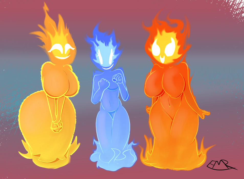 big_breasts blue_fire breasts colored_fire cung eyelashes featureless_breasts featureless_crotch featureless_feet female fire flaming_body flaming_hair full-length_portrait glowing glowing_eyes group humanoid nude organs pattern_background portrait pseudo_hair simple_background smile smiling_at_viewer stomach thick_thighs trio white_eyes