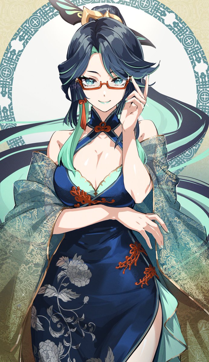 1girl alternate_costume aqua_eyes aqua_lips black_hair breasts china_dress chinese_clothes chinese_hairpin cleavage colored_inner_hair dress earrings genshin_impact glasses green_hair hair_ornament highres itsumono_katze jewelry large_breasts long_hair looking_at_viewer multicolored_hair red-framed_eyewear semi-rimless_eyewear smile solo tassel two-tone_hair xianyun_(genshin_impact)