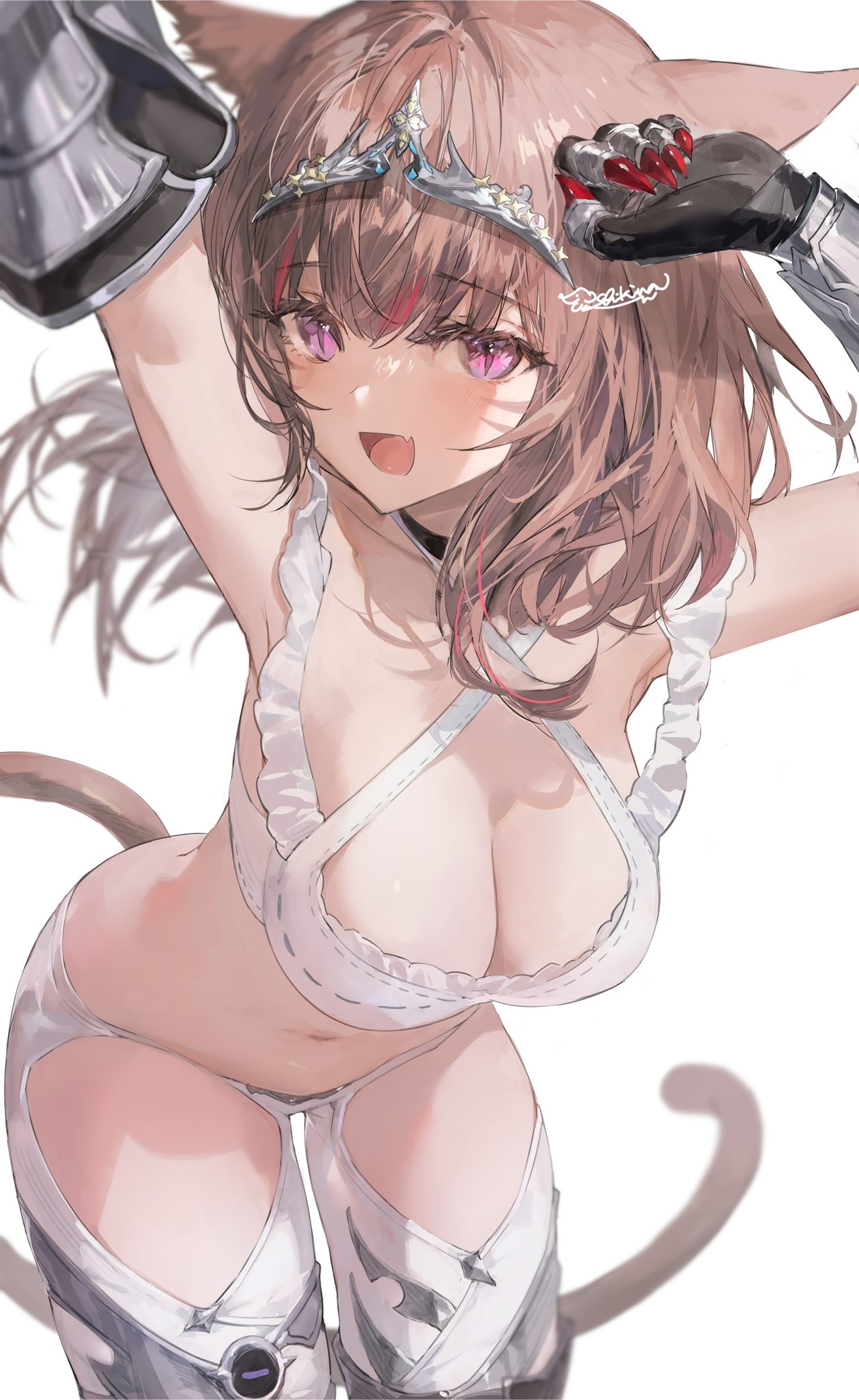 1girl animal_ears bra breasts brown_hair cat_ears cat_girl cat_tail cleavage cowboy_shot criss-cross_halter fang final_fantasy final_fantasy_xiv hair_ornament halterneck hashtag-only_commentary highres large_breasts leaning_forward looking_at_viewer medium_breasts miqo'te navel open_mouth purple_eyes shikina_(mochigushi_) signature skin_fang slit_pupils solo tail underwear warrior_of_light_(ff14) white_bra