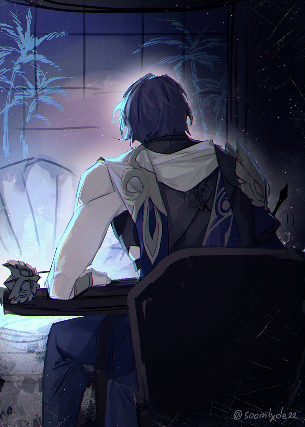 1boy black_shirt blue_pants collared_shirt dr._ratio_(honkai:_star_rail) from_behind highres honkai:_star_rail honkai_(series) indoors male_focus on_chair pants shirt short_hair signature sitting sleeveless sleeveless_shirt solo soomlyde22 table