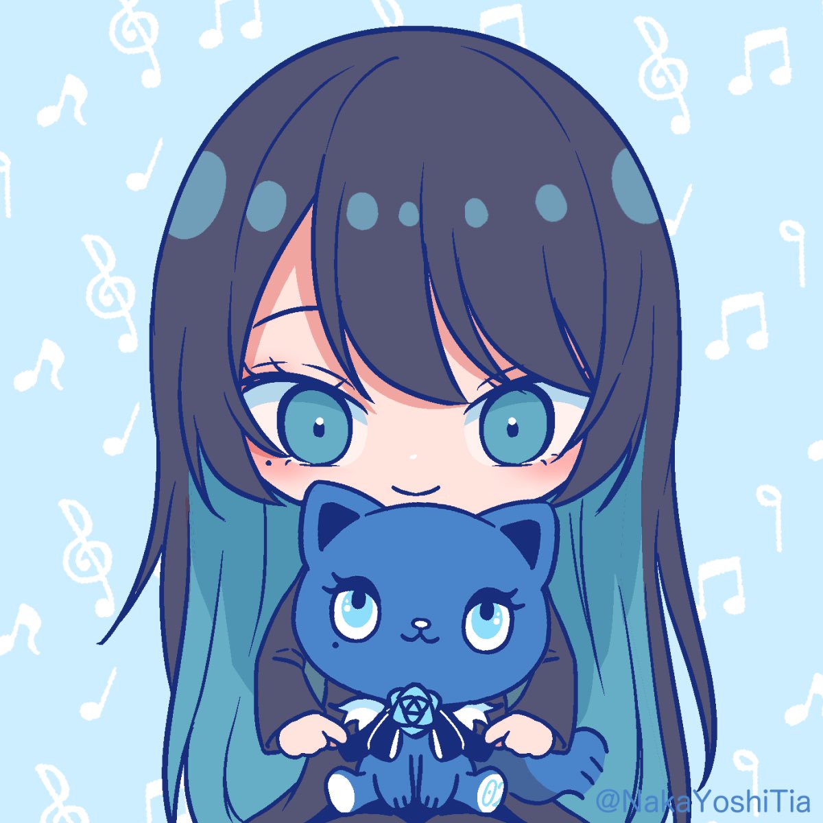 1girl ado_(utaite) adorozatorumary black_coat black_hair blue_background blue_eyes blue_hair cat chando_(ado) chibi closed_mouth cloud_nine_inc coat colored_inner_hair commentary_request highres long_hair long_sleeves looking_at_viewer mole mole_under_eye multicolored_hair nakayoshitia sanrio smile solo twitter_username two-tone_hair upper_body utaite