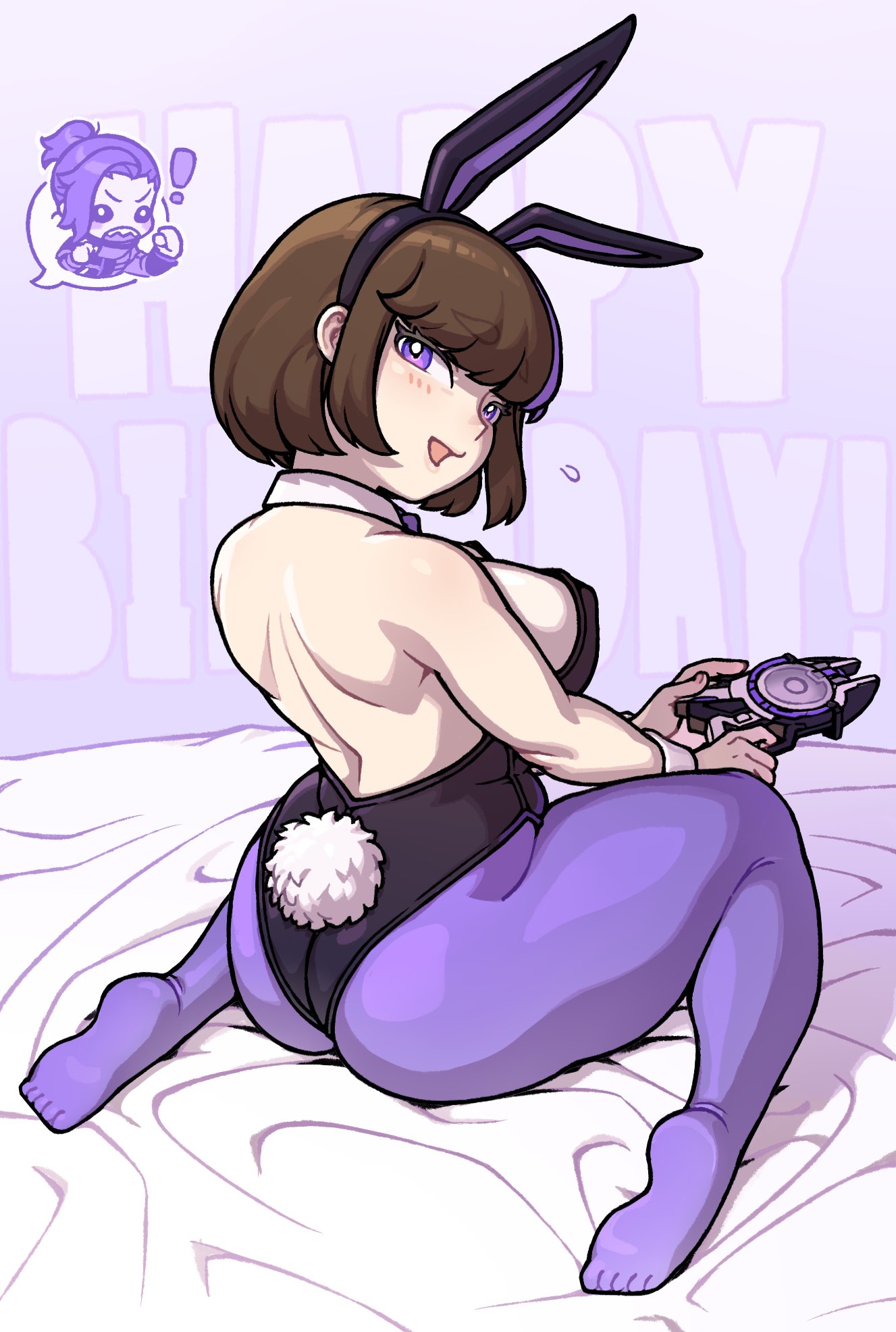 ! 1boy 1girl animal_ears black_hairband black_leotard blush breasts brown_hair detached_collar fake_tail from_behind hair_behind_ear hairband happy_birthday highres kamen_rider kamen_rider_geats_(series) large_breasts laser_raise_riser leotard meen on_bed original pantyhose playboy_bunny purple_pantyhose rabbit_ears rabbit_tail short_hair sitting smile tail wariza