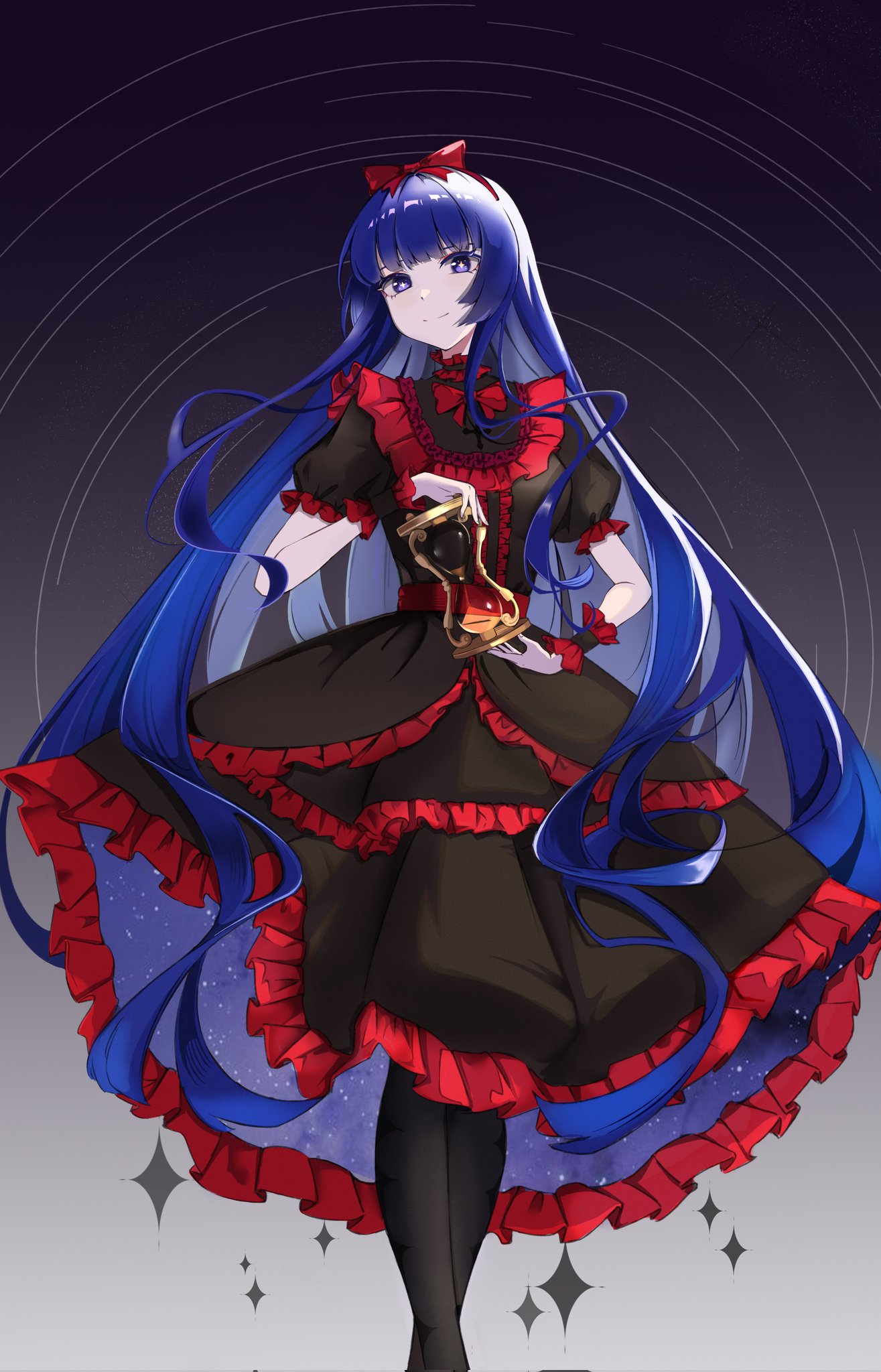 1girl belt black_dress black_pantyhose black_souls blue_eyes blue_hair bow dress frilled_dress frilled_wrist_cuffs frills gothic_lolita hair_bow hairband highres lolita_fashion long_hair looking_at_viewer mabel_(black_souls) pantyhose puffy_short_sleeves puffy_sleeves red_belt red_bow red_hairband red_wrist_cuffs short_sleeves solo space_print star-shaped_pupils star_(symbol) starry_sky_print symbol-shaped_pupils very_long_hair whisperdream049 wrist_cuffs