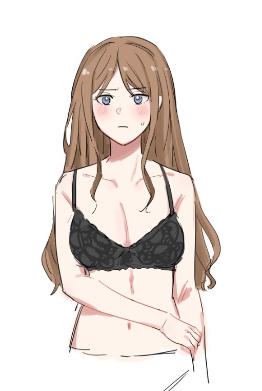 1girl bang_dream! bang_dream!_it's_mygo!!!!! black_bra blue_eyes blush bra breasts brown_hair cleavage closed_mouth collarbone commentary cropped_torso long_hair looking_at_viewer medium_breasts nagasaki_soyo navel sidelocks simple_background solo stomach sweatdrop symbol-only_commentary underwear upper_body white_background yuki_watson_n