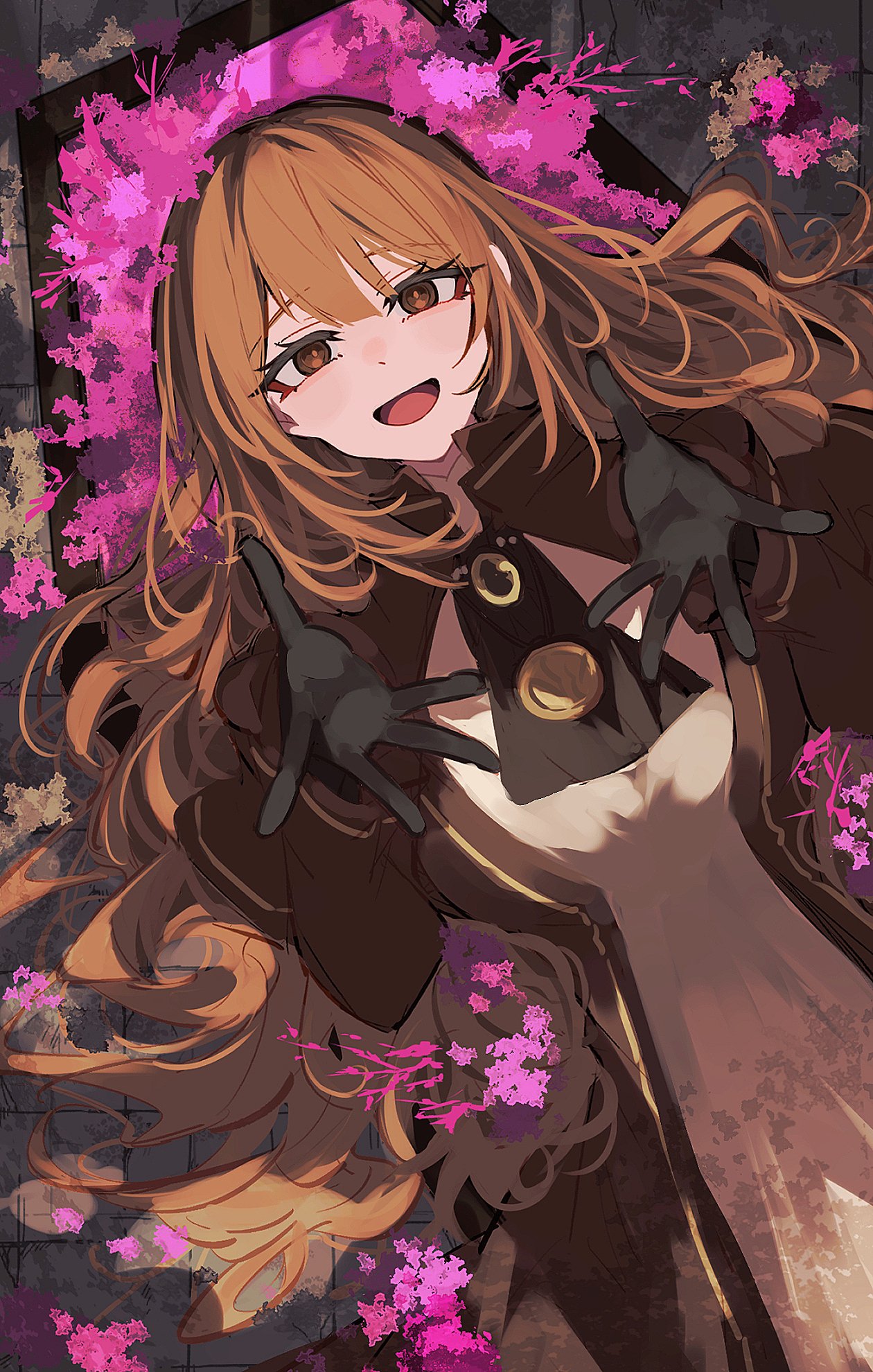 1girl arms_up ascot black_gloves brooch brown_ascot brown_dress brown_eyes brown_hair brown_jacket catherine_(project_moon) coffin cropped_jacket dress flower gloves highres jacket jewelry juliet_sleeves limbus_company long_hair long_sleeves lying nakame77 necklace on_back open_mouth project_moon puffy_sleeves purple_flower reaching reaching_towards_viewer smile solo