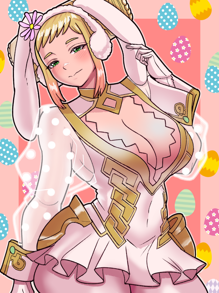 1girl alternate_costume armor blonde_hair breasts cosplay easter_egg egg fire_emblem fire_emblem_heroes gradient_hair henriette_(fire_emblem) highres large_breasts mnejing30 multicolored_hair pauldrons pink_hair see-through see-through_sleeves sharena_(fire_emblem) sharena_(fire_emblem)_(cosplay) shoulder_armor single_pauldron solo