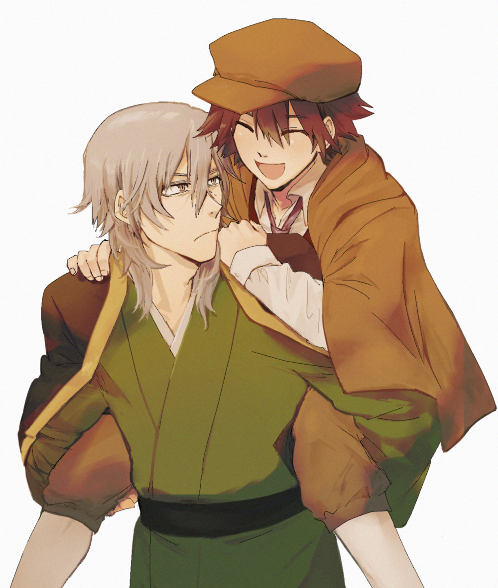 2boys ^_^ black_hair brown_eyes brown_hat brown_jacket brown_pants bungou_stray_dogs carrying closed_eyes closed_mouth edogawa_ranpo_(bungou_stray_dogs) fukuzawa_yukichi_(bungou_stray_dogs) green_kimono grey_hair hair_between_eyes haori happy hat jacket jacket_on_shoulders japanese_clothes kimono long_sleeves looking_at_another male_focus medium_hair multiple_boys necktie open_mouth pants piggyback sakai_(user_neau5533) shirt short_hair simple_background smile white_background white_shirt yukata