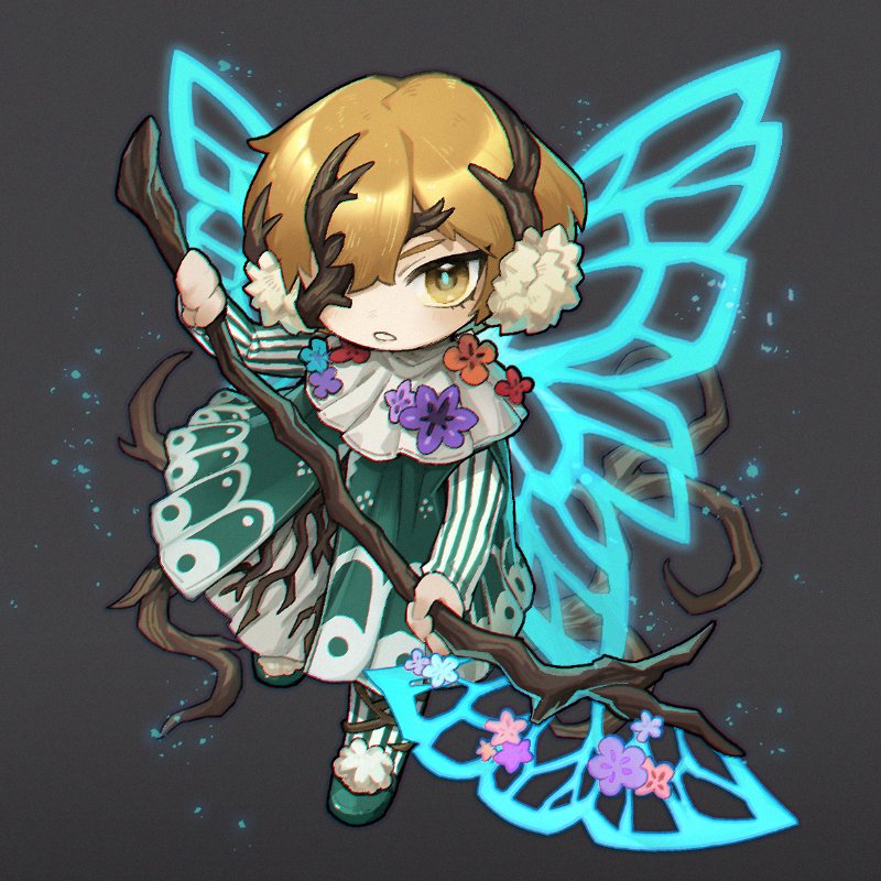 1boy blonde_hair branch dress e.g.o_(project_moon) fairy_wings flaw_eight flower green_dress halberd limbus_company one_eye_covered polearm project_moon short_hair sinclair_(project_moon) solo weapon wings