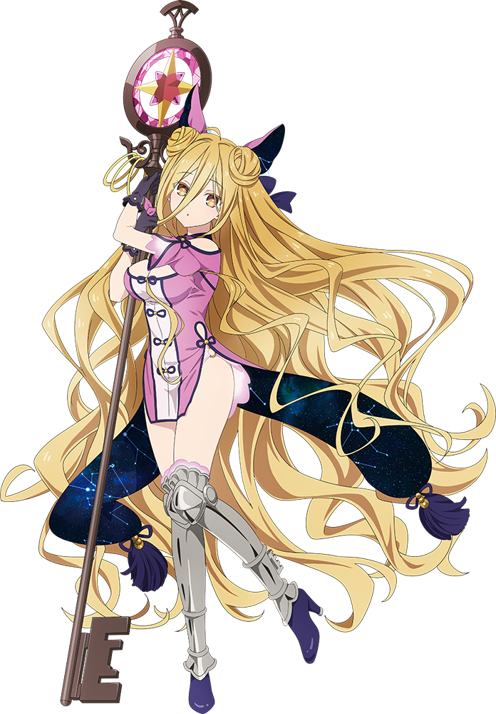 1girl :o blonde_hair boots breasts constellation date_a_live double_bun dress full_body hair_between_eyes hair_bun high_heel_boots high_heels holding holding_staff hoshimiya_mukuro key large_breasts long_hair looking_at_viewer official_art purple_dress solo staff tachi-e transparent_background yellow_eyes