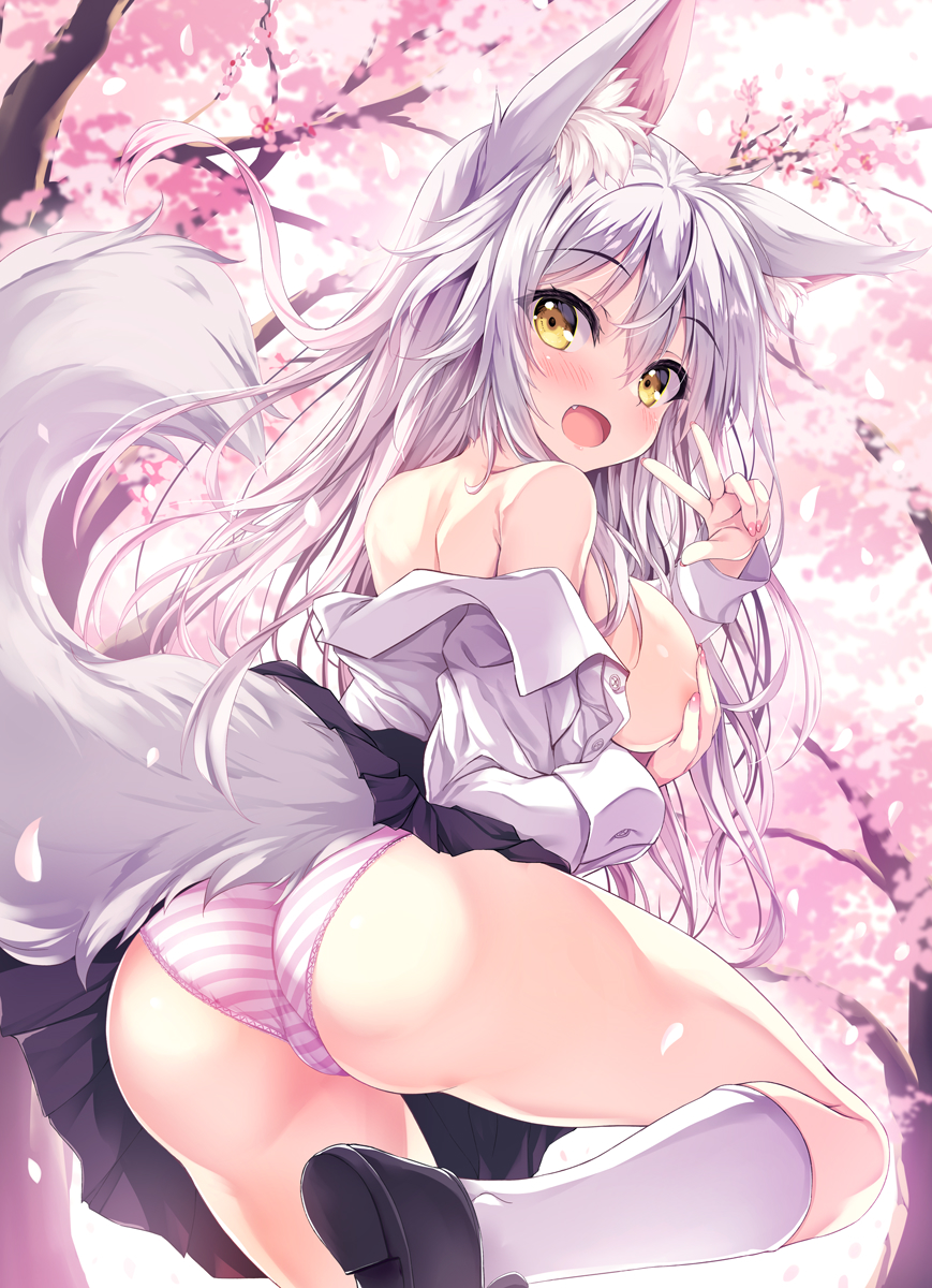 1girl :d animal_ears areola_slip ass black_footwear black_skirt blush branch breasts collared_shirt commentary_request covering_one_breast covering_privates dress_shirt fang flower fox_ears fox_girl fox_tail grey_hair hair_between_eyes hand_up highres kneehighs large_breasts loafers long_sleeves looking_at_viewer looking_back off_shoulder open_clothes open_shirt original panties pink_flower pleated_skirt shirt shoe_soles shoes skirt smile socks solo striped_clothes striped_panties tail tateha_(marvelous_grace) tree underwear v white_shirt white_socks yellow_eyes