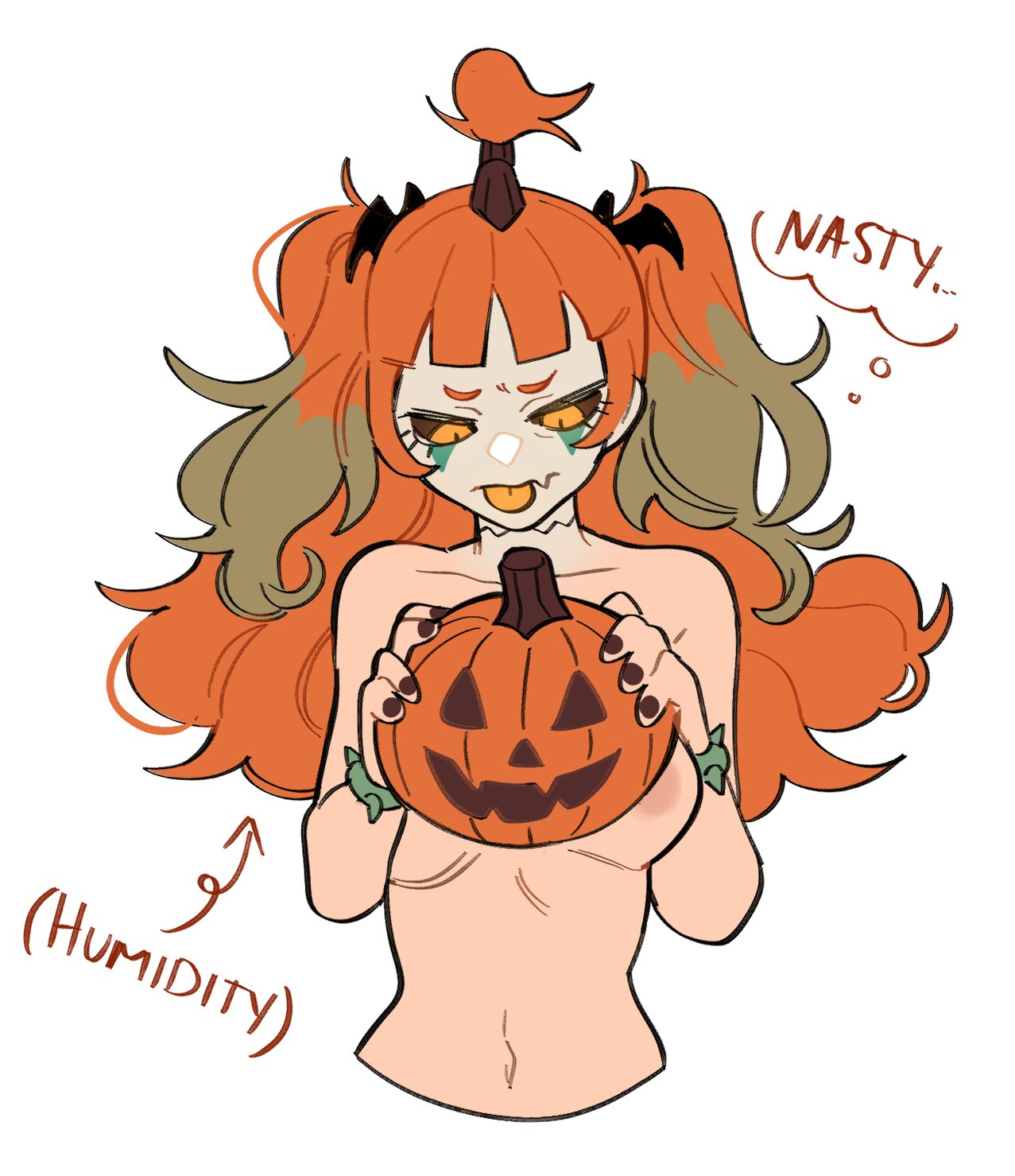 1girl areola_slip bat_hair_ornament black_sclera blunt_bangs bracelet breasts colored_sclera facepaint fang food green_bracelet green_hair hair_ornament highres holding holding_food holding_pumpkin holding_vegetable jack-o'-lantern jackie_lanturne_(porqueloin) jewelry long_hair looking_at_viewer medium_breasts monster_girl multicolored_hair navel nude orange_eyes orange_hair original porqueloin pumpkin skin_fang solo spiked_bracelet spikes tongue tongue_out twintails two-tone_hair upper_body vegetable